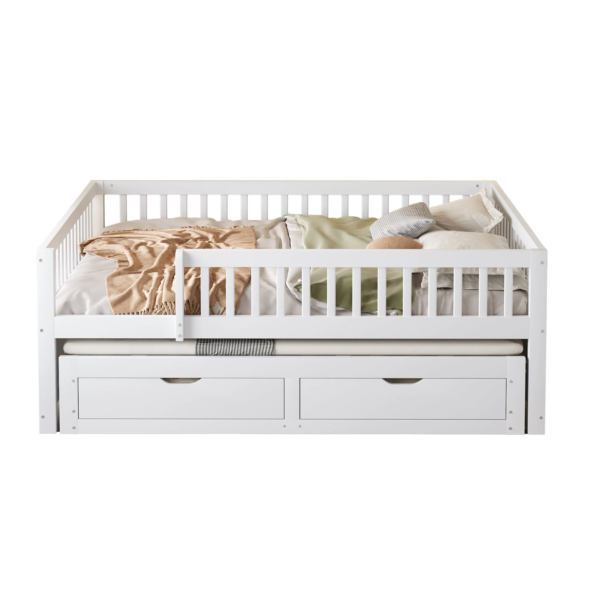 Sofa Bed, Pull-Out with Safety Gate & 2 Drawers, Solid Wood, White - Image 8