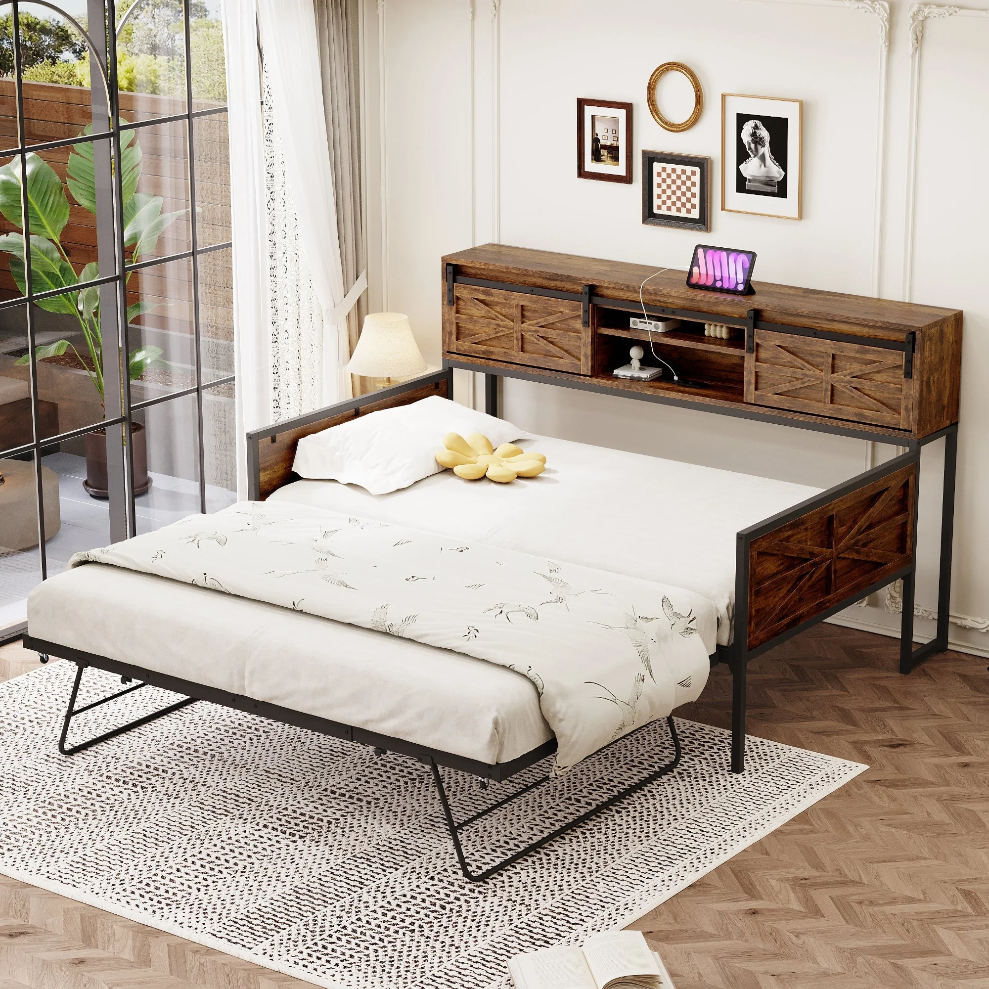 Sofa Bed, Pull-out with Storage & Sockets, Iron Black + Brown