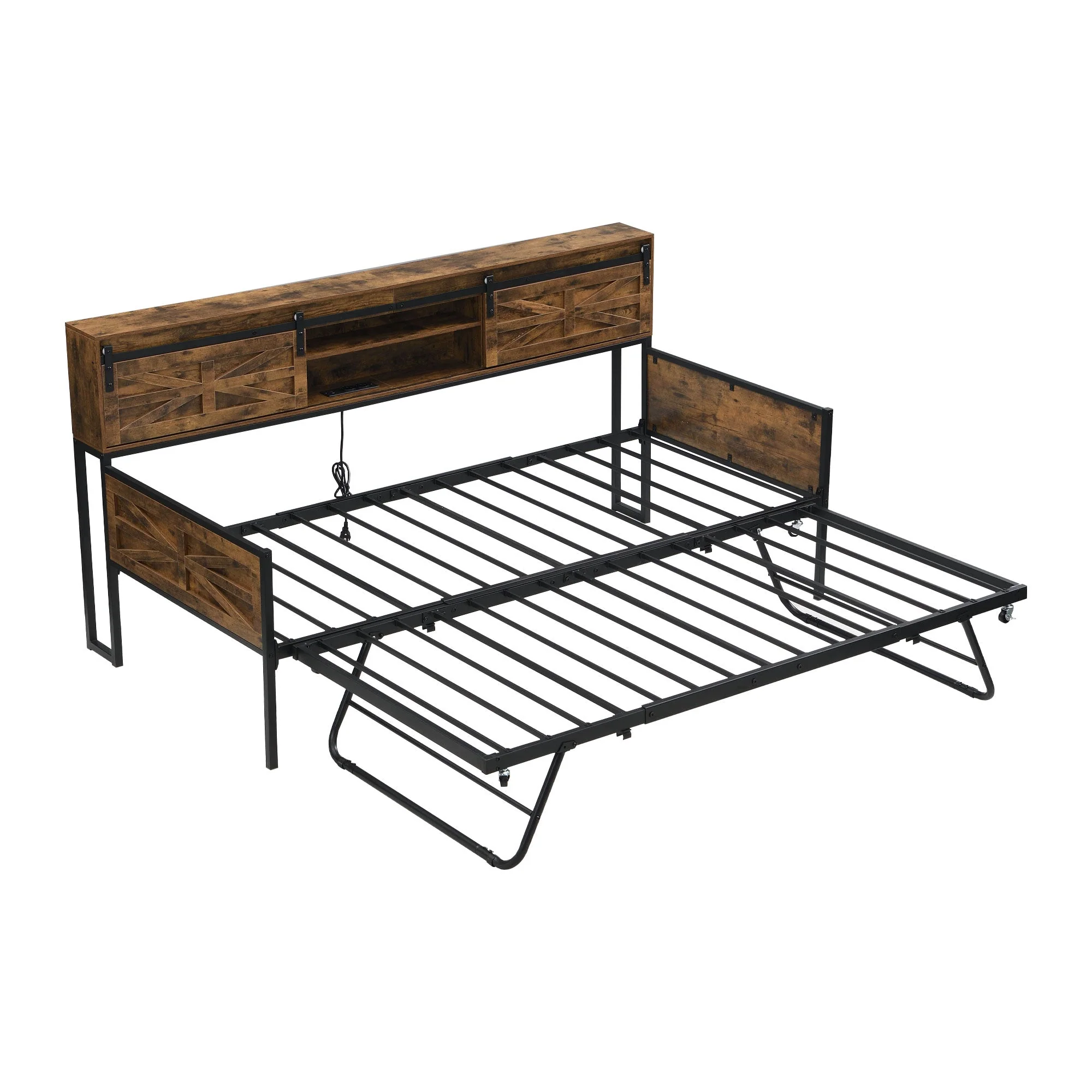 Sofa Bed, Pull-out with Storage & Sockets, Iron Black + Brown - Image 10
