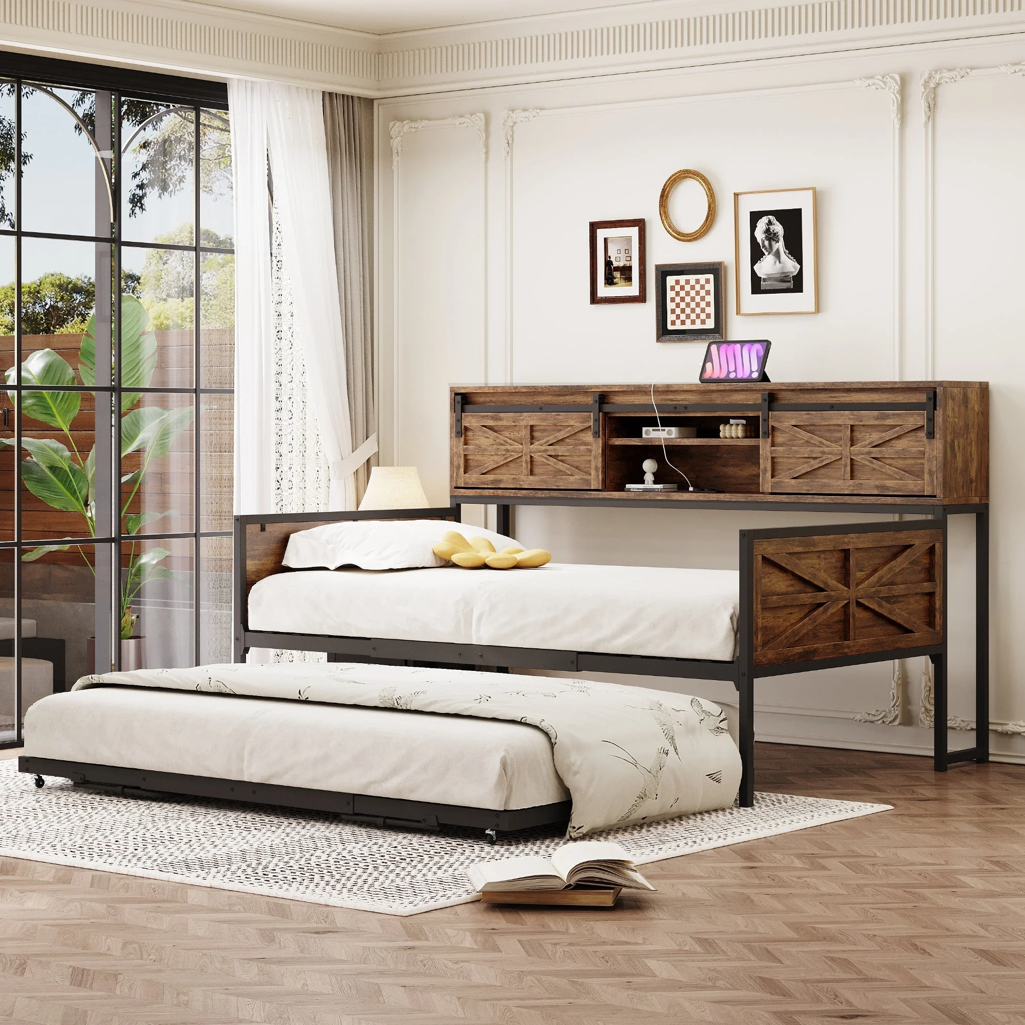 Sofa Bed, Pull-out with Storage & Sockets, Iron Black + Brown - Image 2