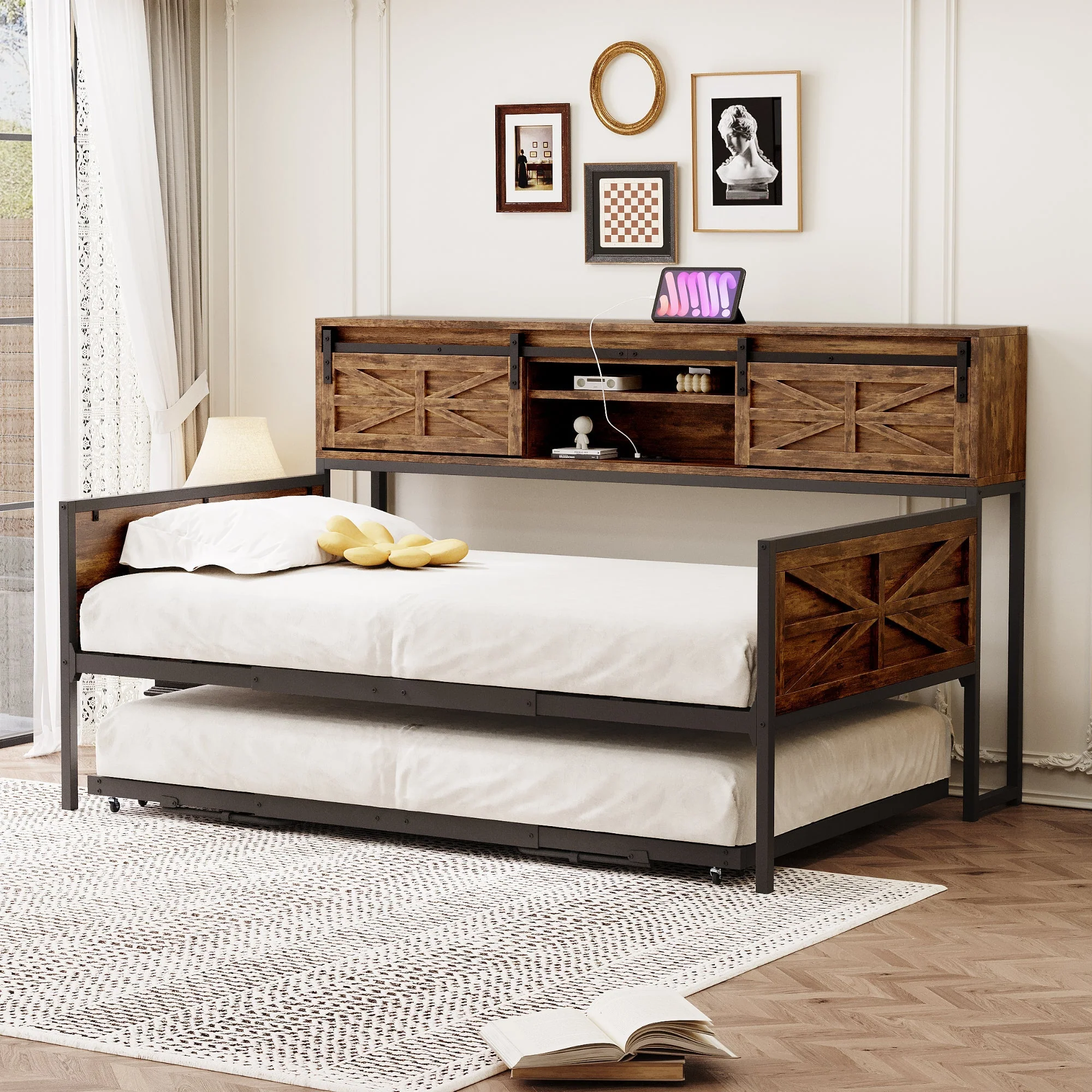Sofa Bed, Pull-out with Storage & Sockets, Iron Black + Brown - Image 3