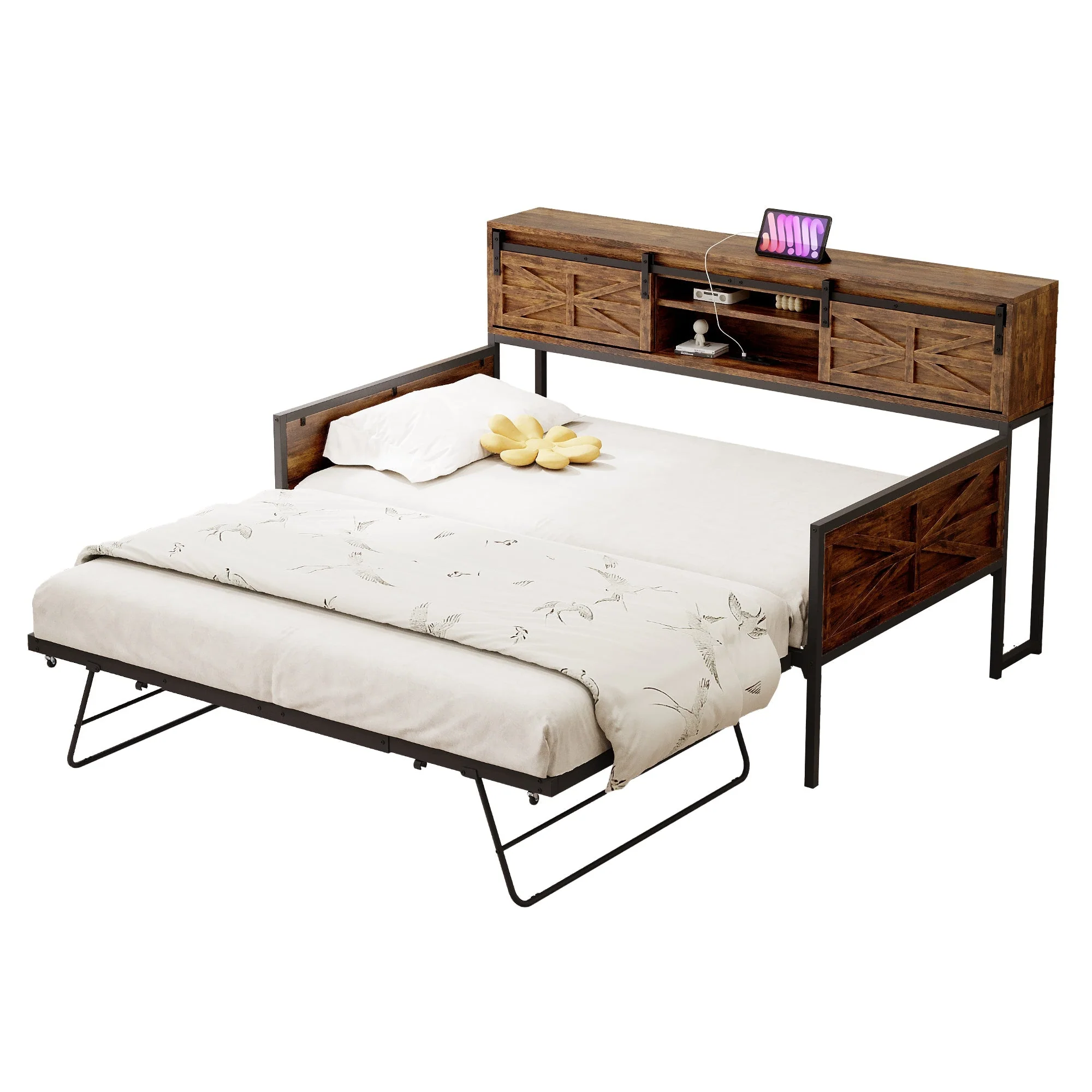 Sofa Bed, Pull-out with Storage & Sockets, Iron Black + Brown - Image 4