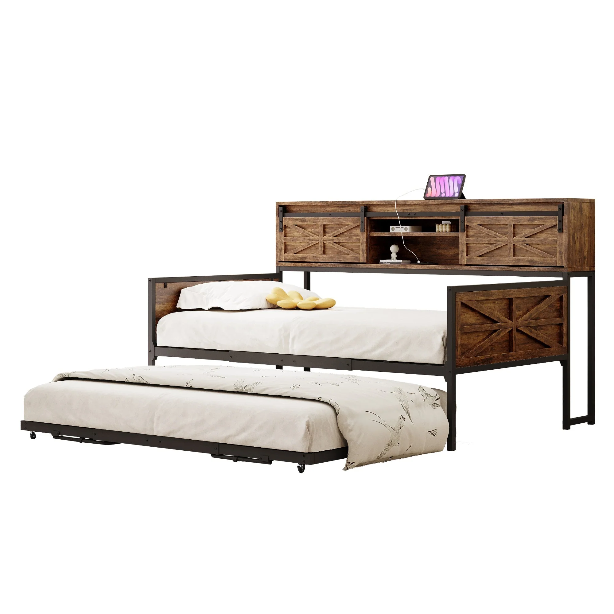 Sofa Bed, Pull-out with Storage & Sockets, Iron Black + Brown - Image 5