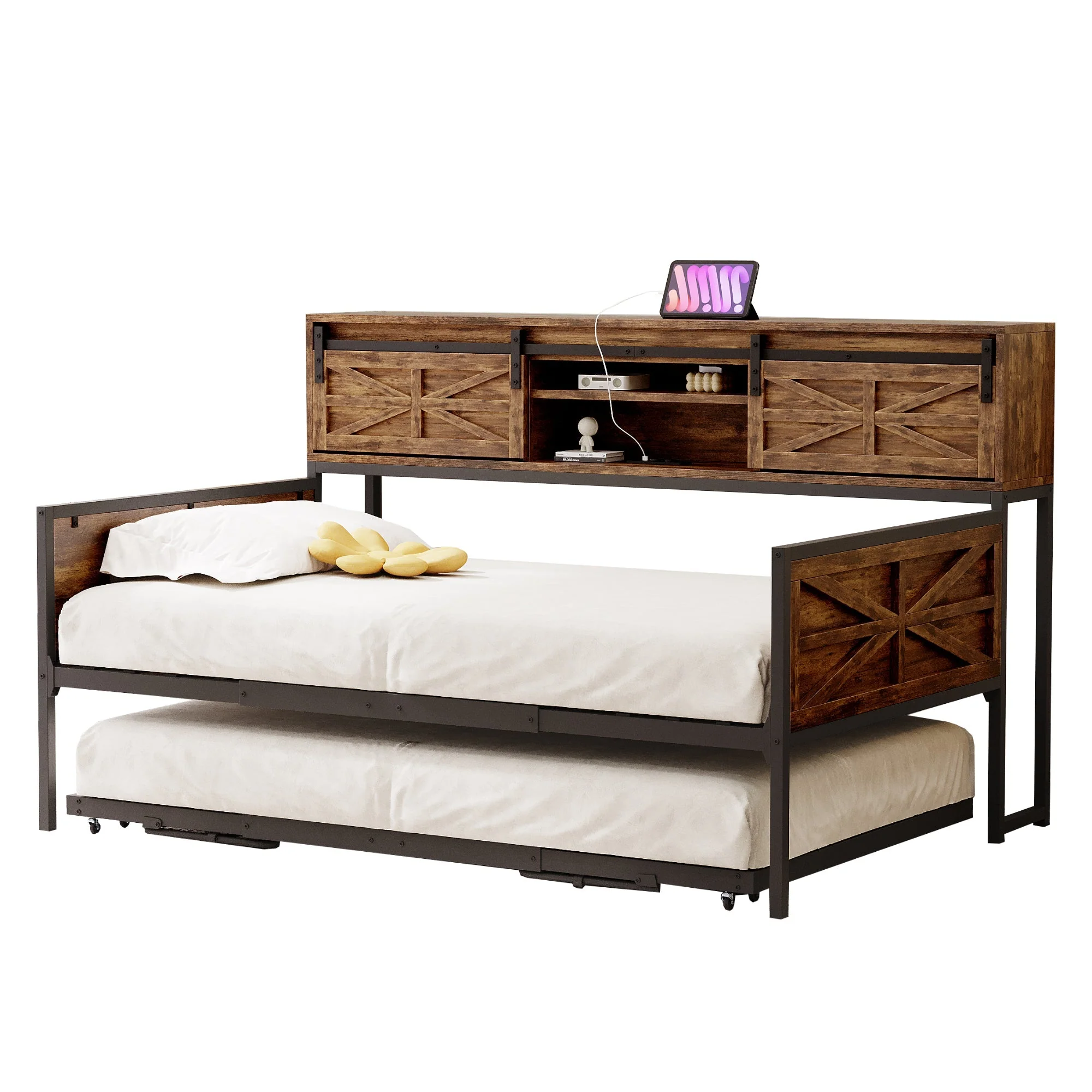 Sofa Bed, Pull-out with Storage & Sockets, Iron Black + Brown - Image 6