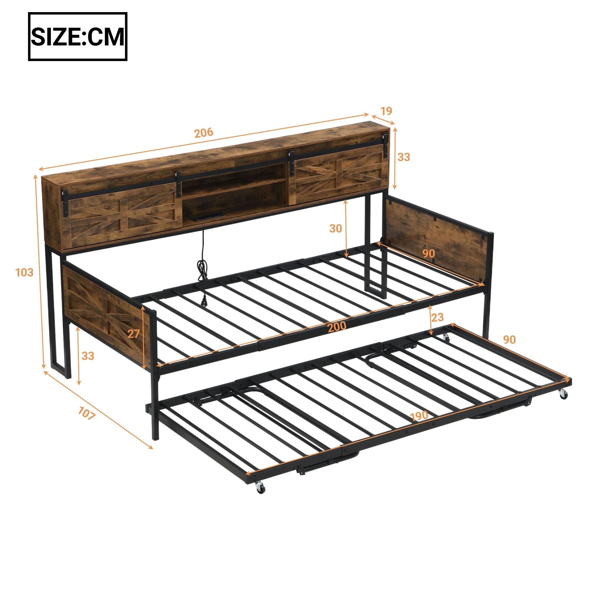 Sofa Bed, Pull-out with Storage & Sockets, Iron Black + Brown - Image 7
