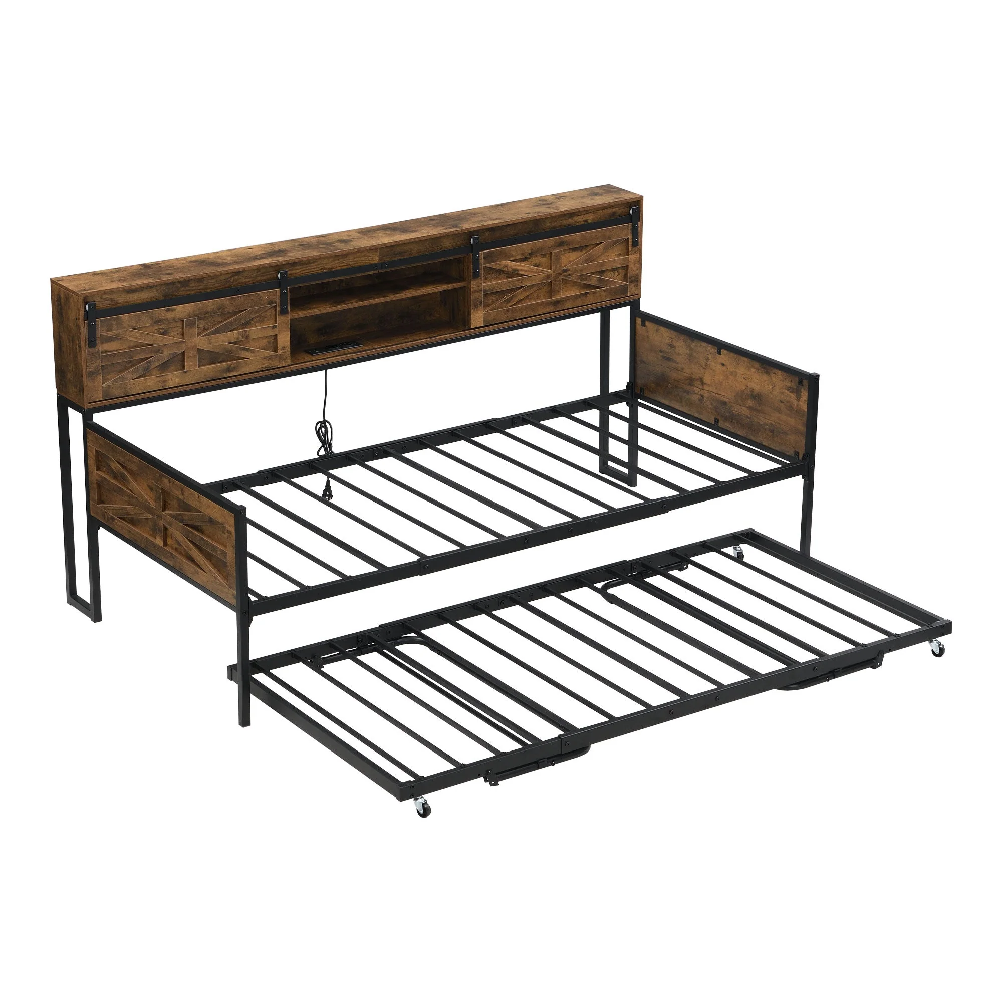 Sofa Bed, Pull-out with Storage & Sockets, Iron Black + Brown - Image 8