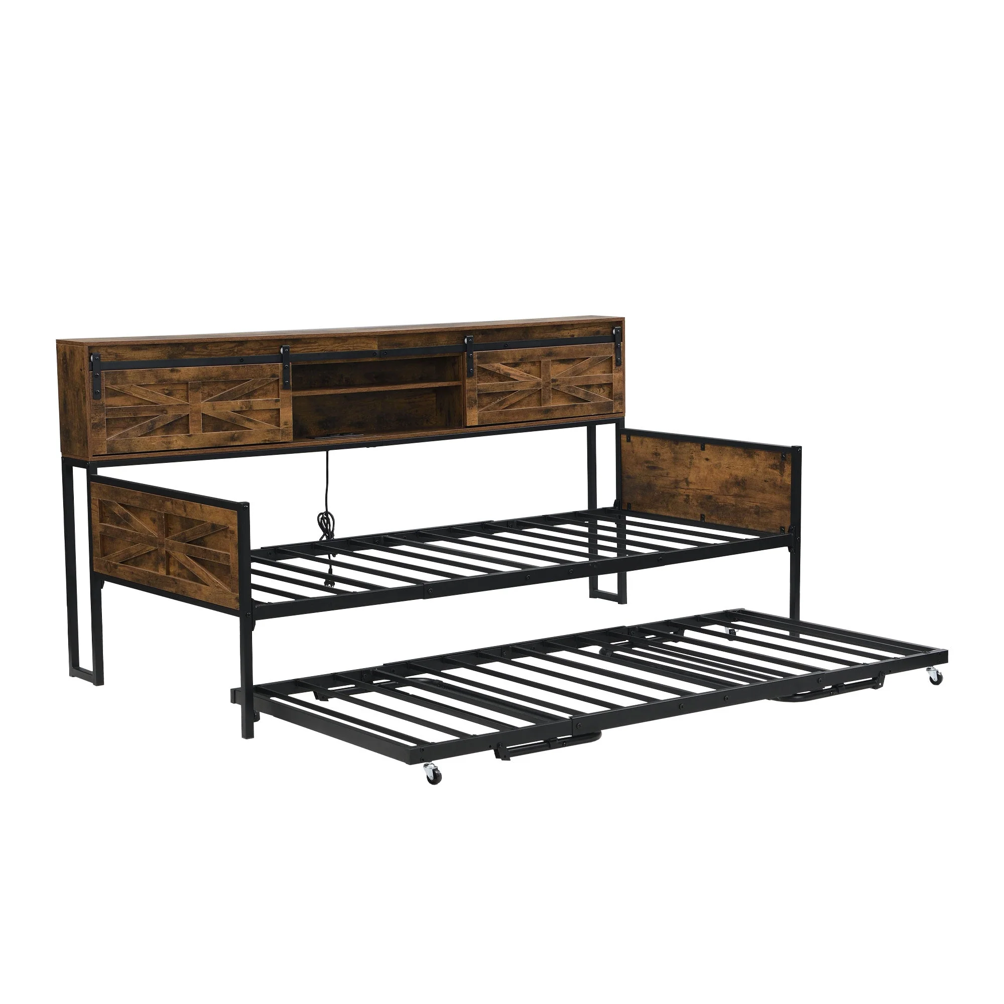 Sofa Bed, Pull-out with Storage & Sockets, Iron Black + Brown - Image 9