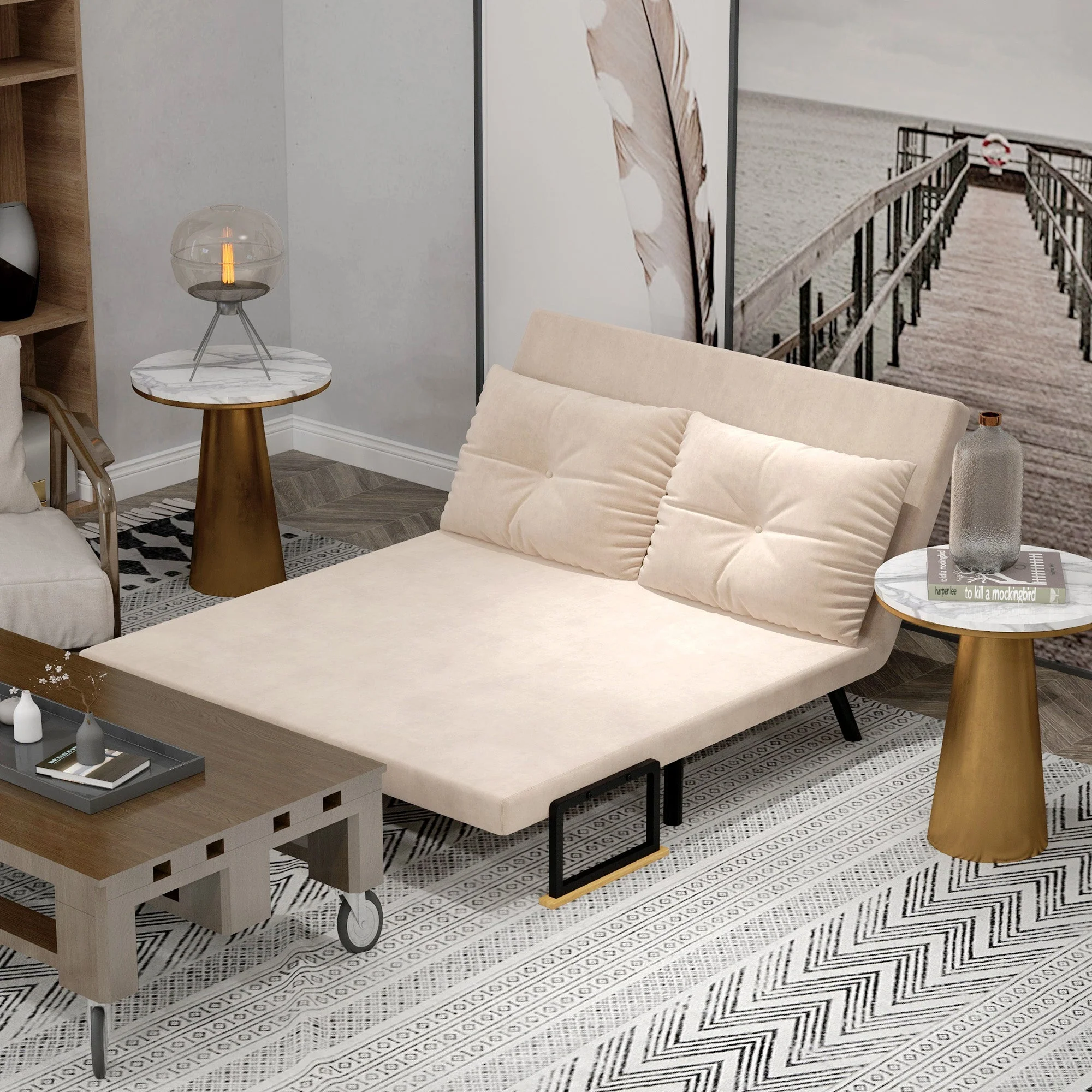 Sofa Bed, Recliner Chair Folding Upholstered, Beige