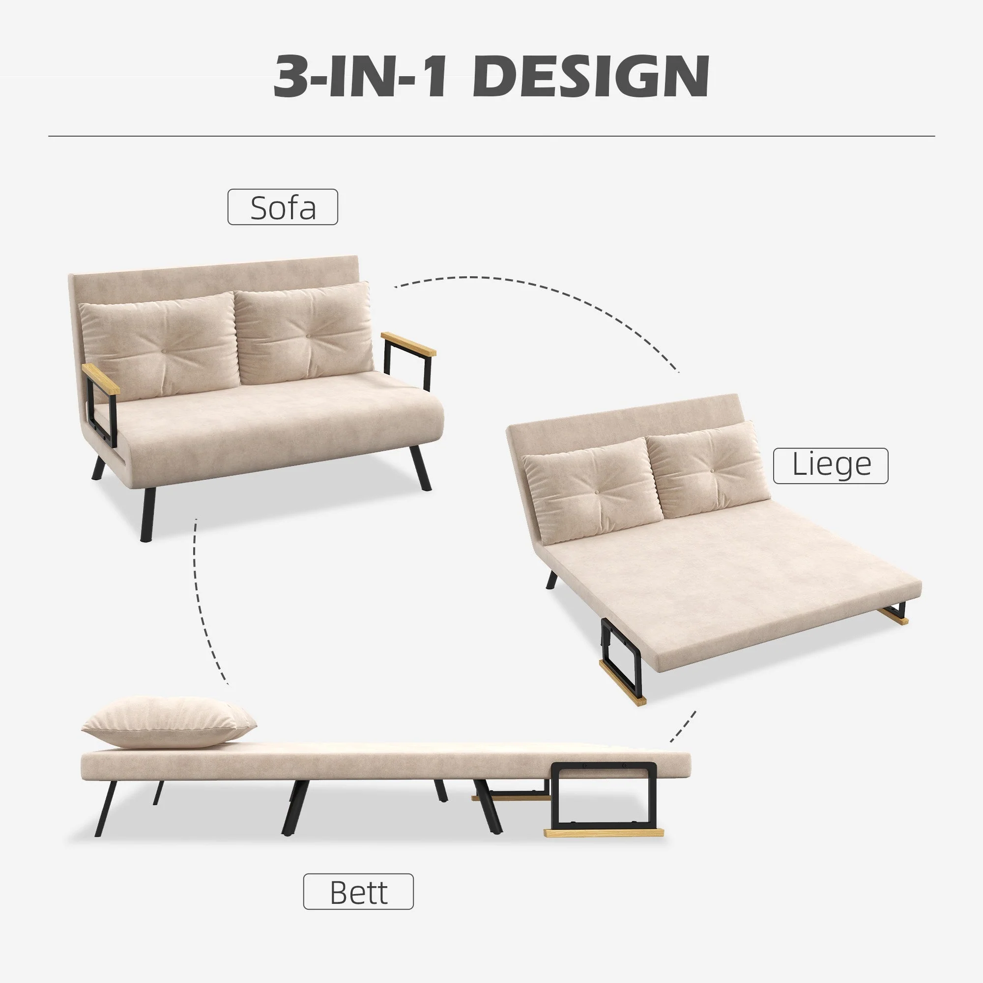 Sofa Bed, Recliner Chair Folding Upholstered, Beige - Image 4