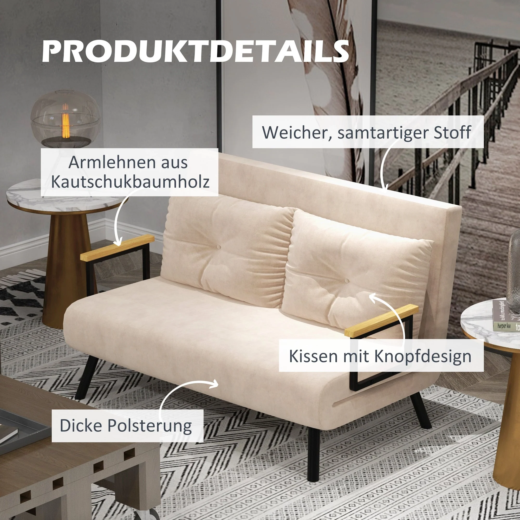 Sofa Bed, Recliner Chair Folding Upholstered, Beige - Image 6