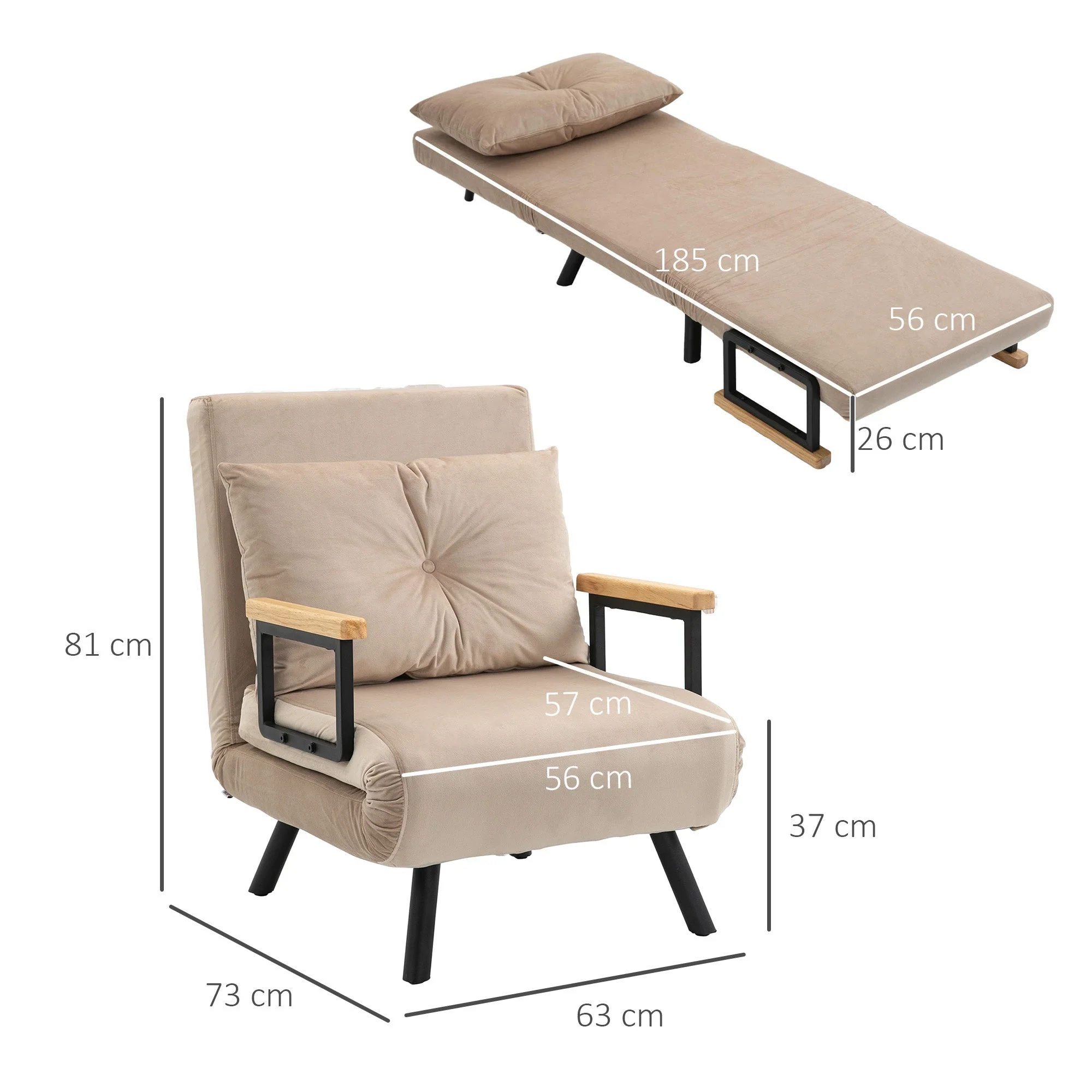 Sofa Bed/Recliner Guest Bed Adjustable Backrest, Velvet Beige - Image 3