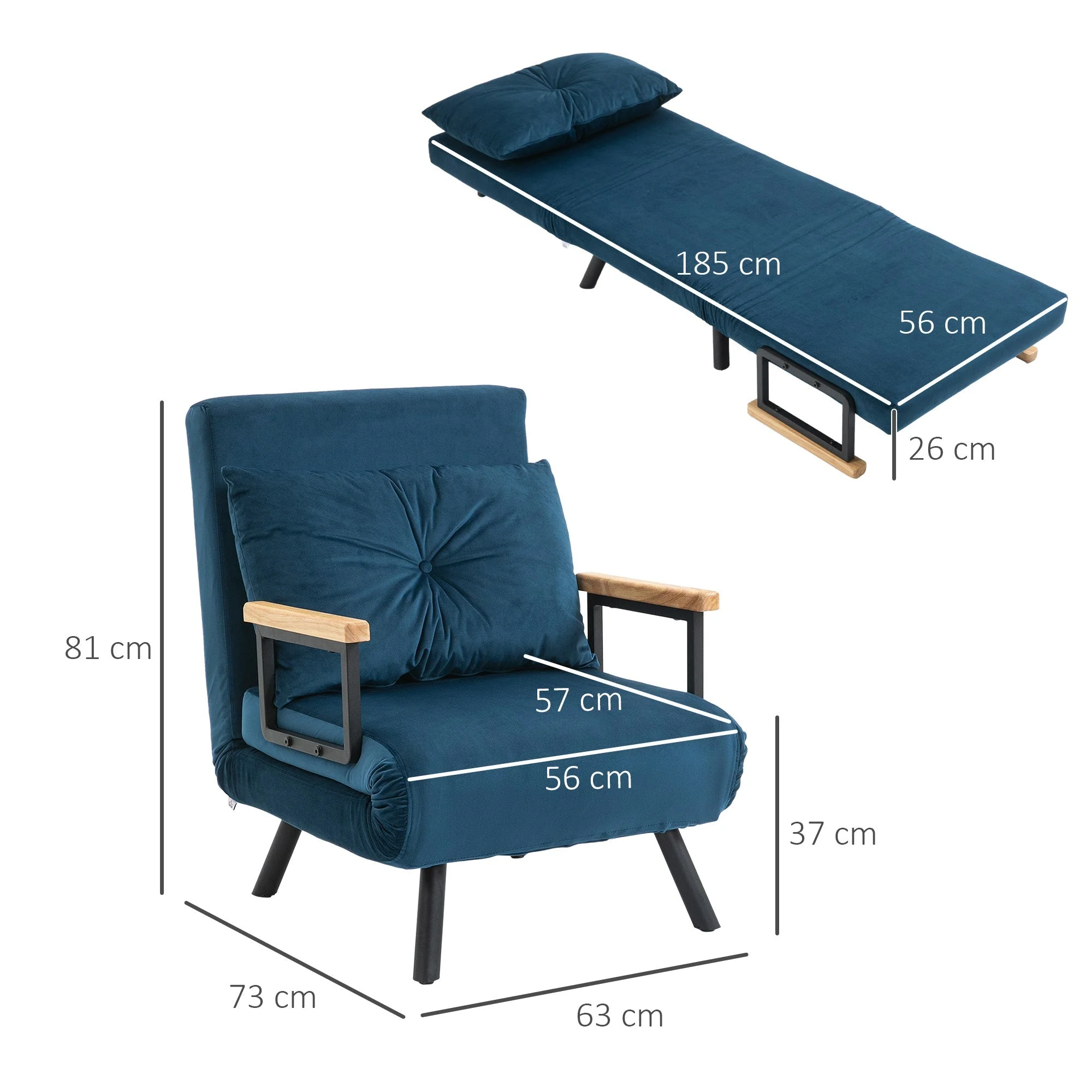 Sofa Bed Recliner Guest Bed Adjustable Backrest Velvet Blue - Image 3