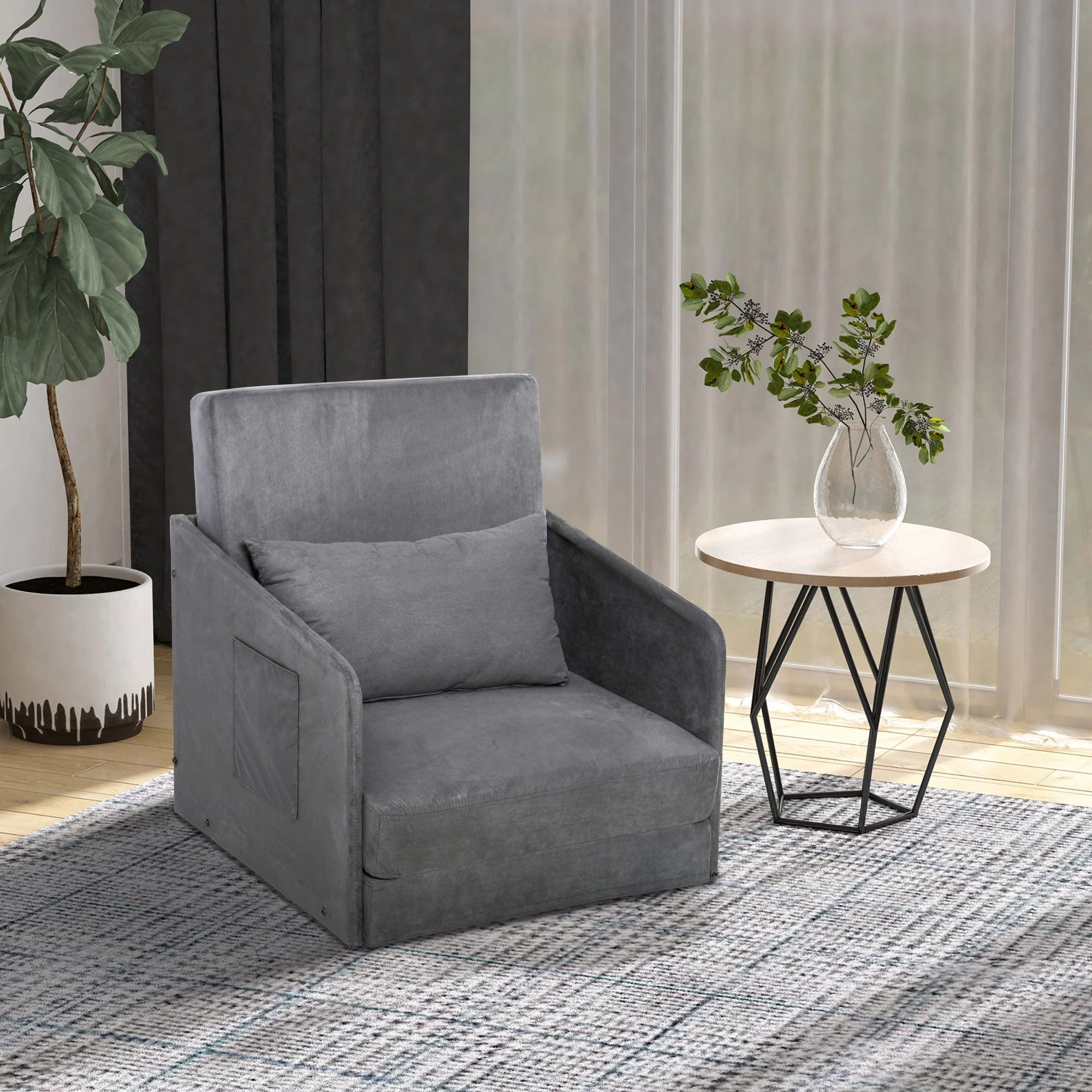 Sofa Bed, Single, Washable Cover, 2 Side Pockets, Metal Frame, Grey - Image 2