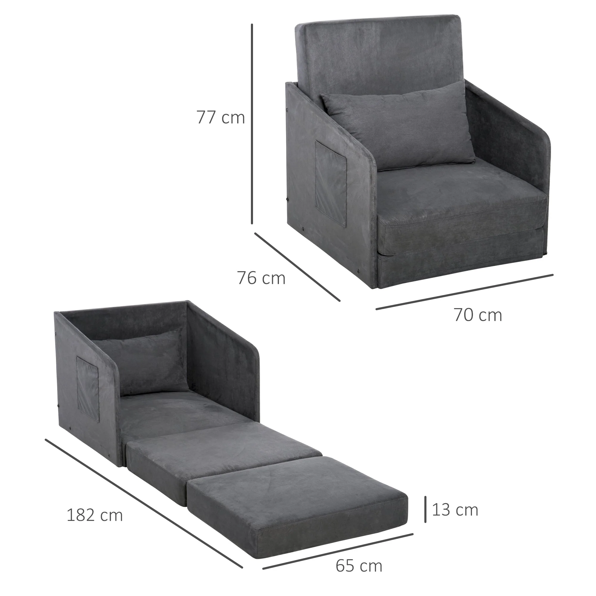Sofa Bed, Single, Washable Cover, 2 Side Pockets, Metal Frame, Grey - Image 3