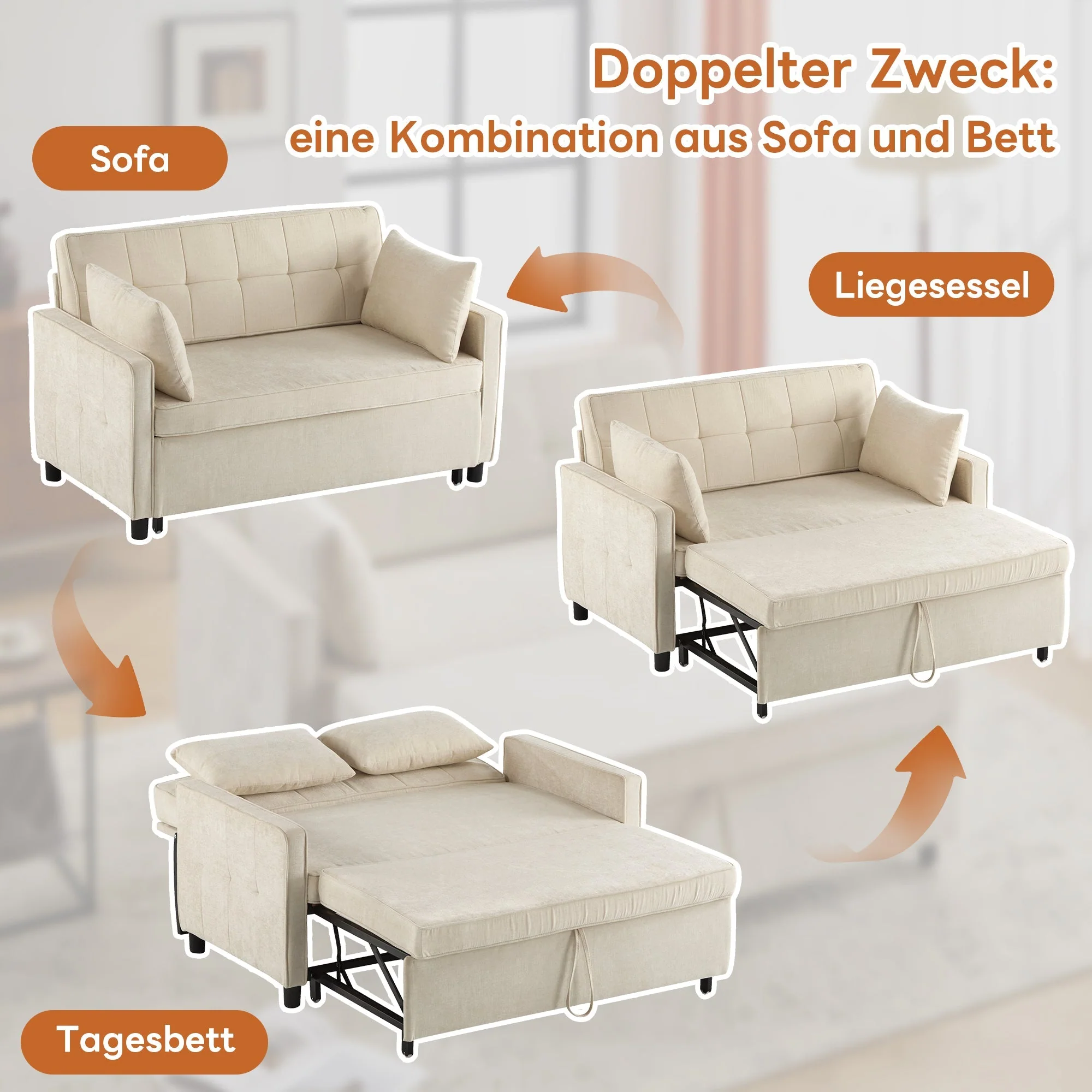 Sofa Bed Two-Seater Double Sleeper Adjustable Backrest Chenille Fabric - Image 2