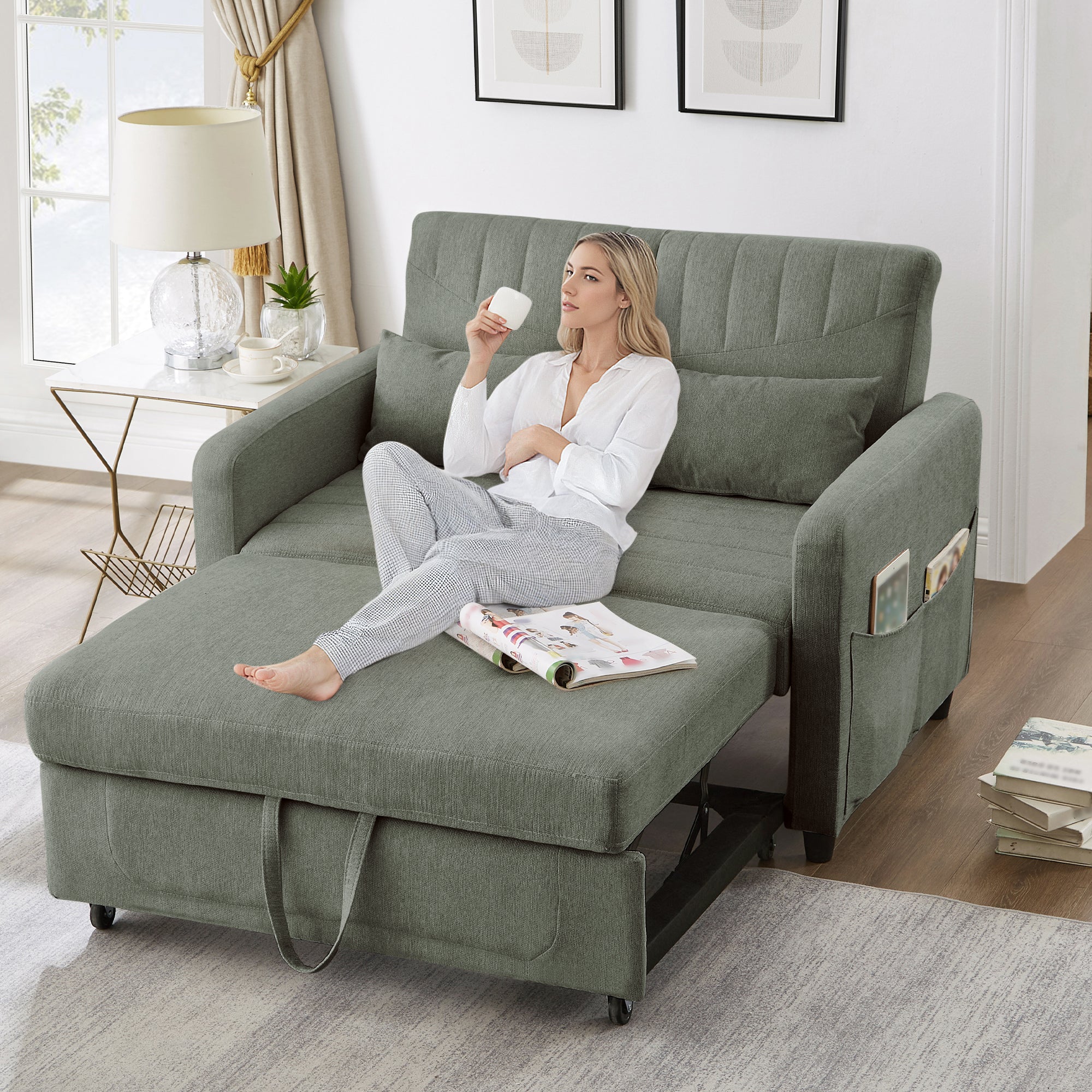 Sofa Bed Two-seater Extendable 3-Position Adjustable Backrest - Cotton-Linen Fabric - Image 7