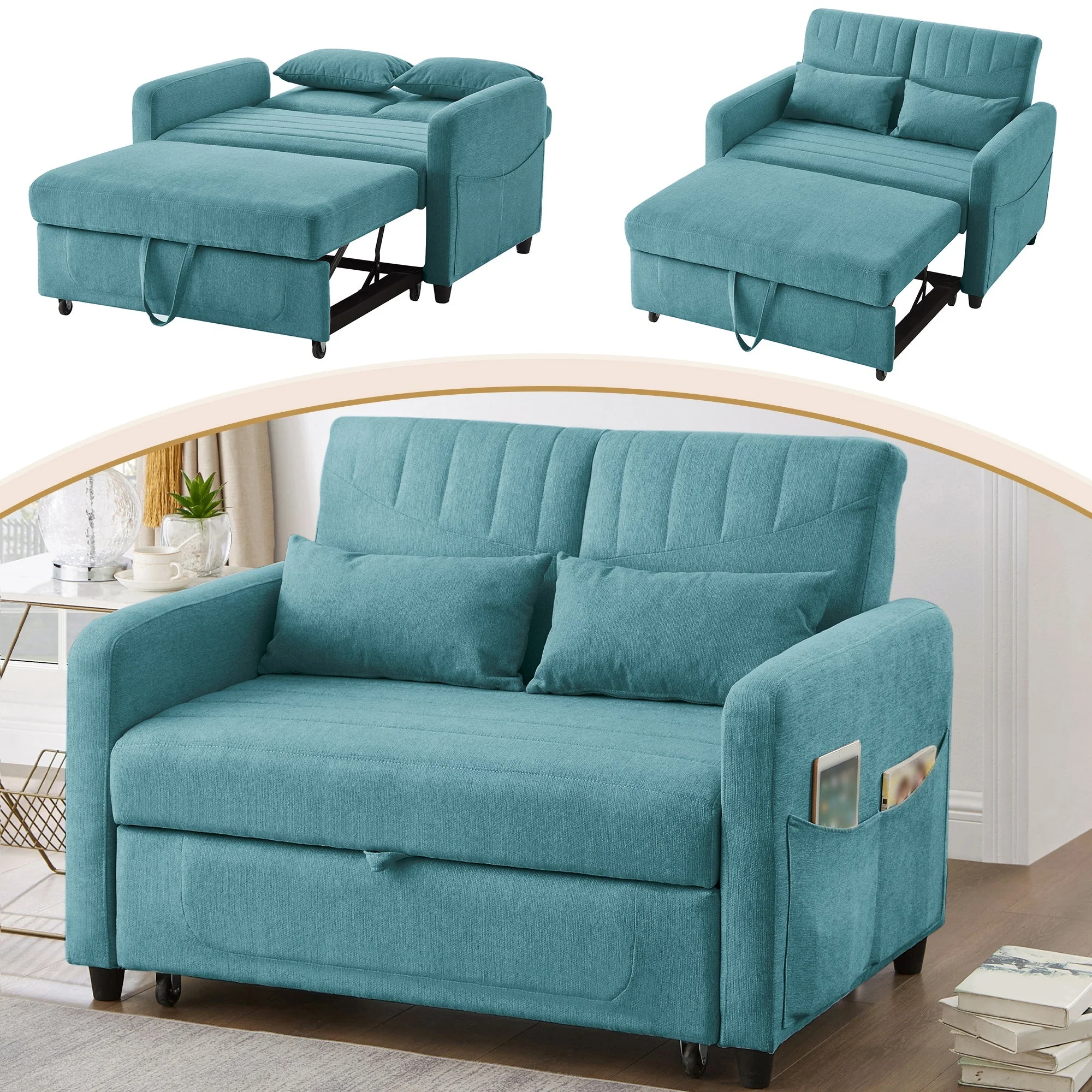 Sofa Bed, Two-Seater Folding Extendable, Three-Level Adjustable Backrest, Cotton Linen Fabric - Image 2
