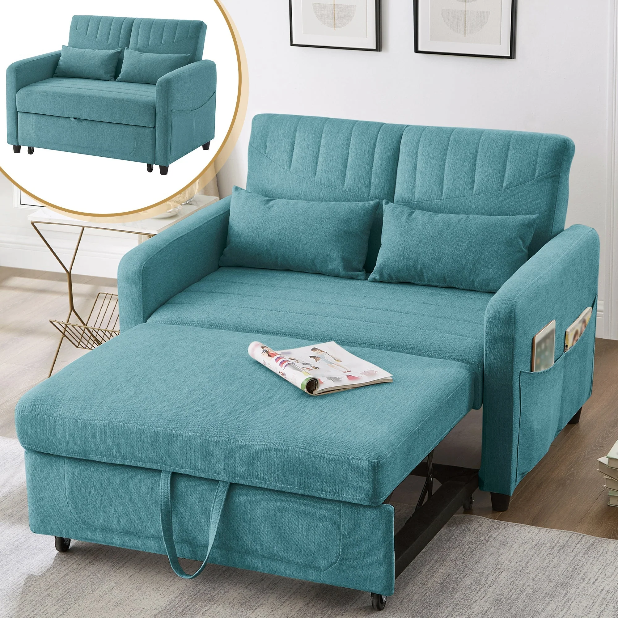 Sofa Bed, Two-Seater Folding Extendable, Three-Level Adjustable Backrest, Cotton Linen Fabric - Image 3