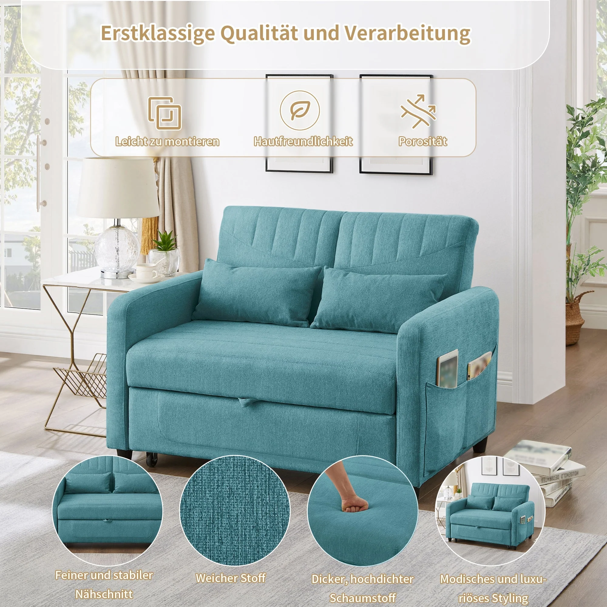 Sofa Bed, Two-Seater Folding Extendable, Three-Level Adjustable Backrest, Cotton Linen Fabric - Image 4
