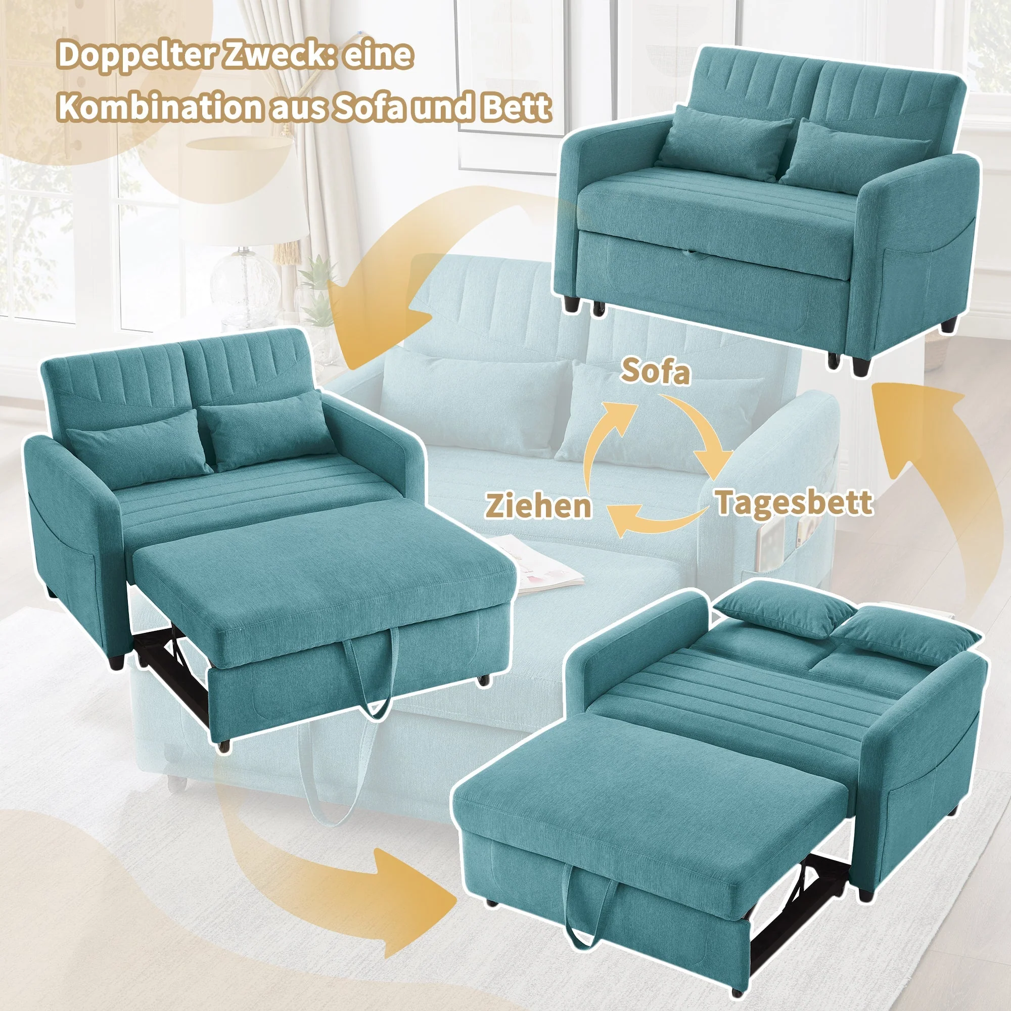 Sofa Bed, Two-Seater Folding Extendable, Three-Level Adjustable Backrest, Cotton Linen Fabric - Image 5