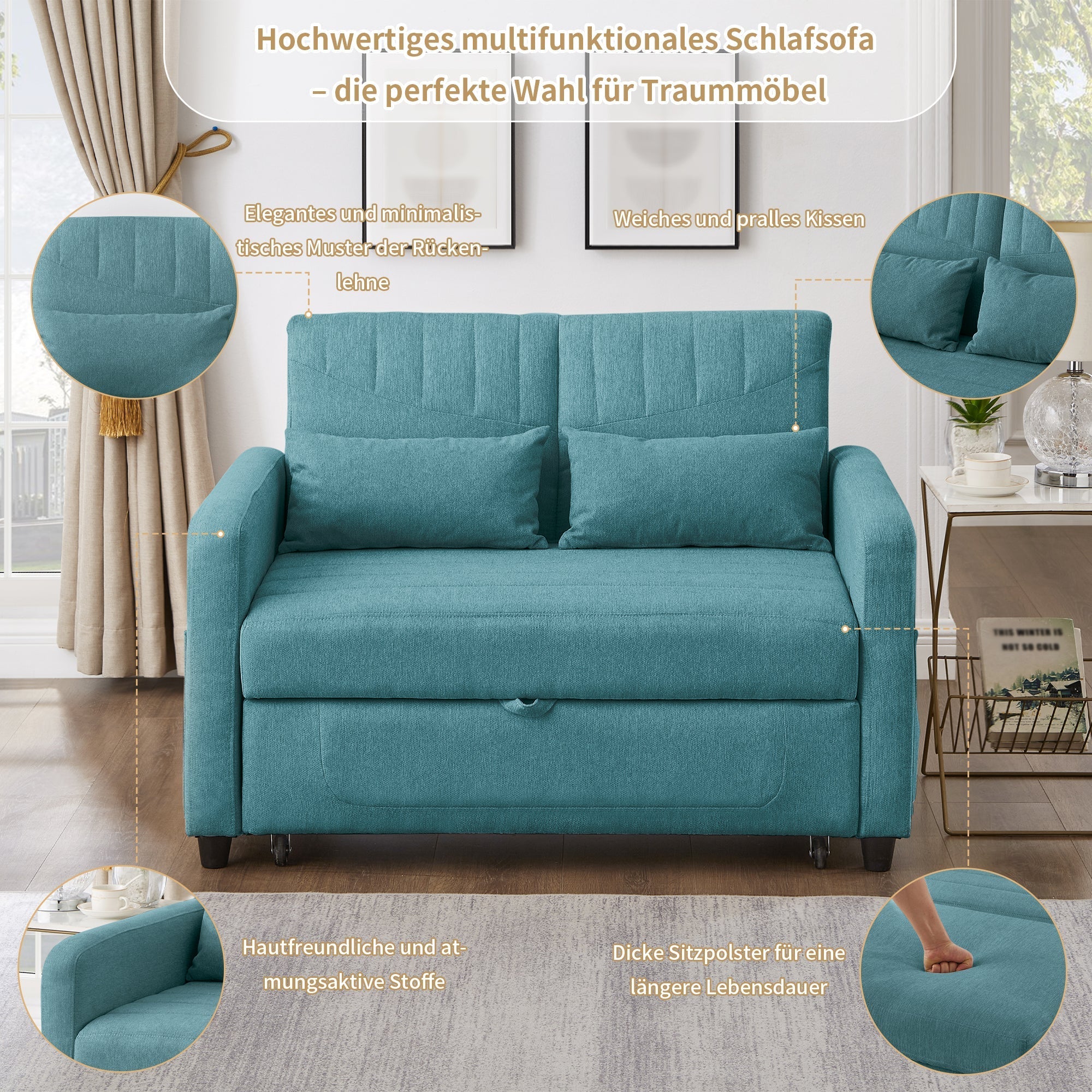 Sofa Bed, Two-Seater Folding Extendable, Three-Level Adjustable Backrest, Cotton Linen Fabric - Image 6
