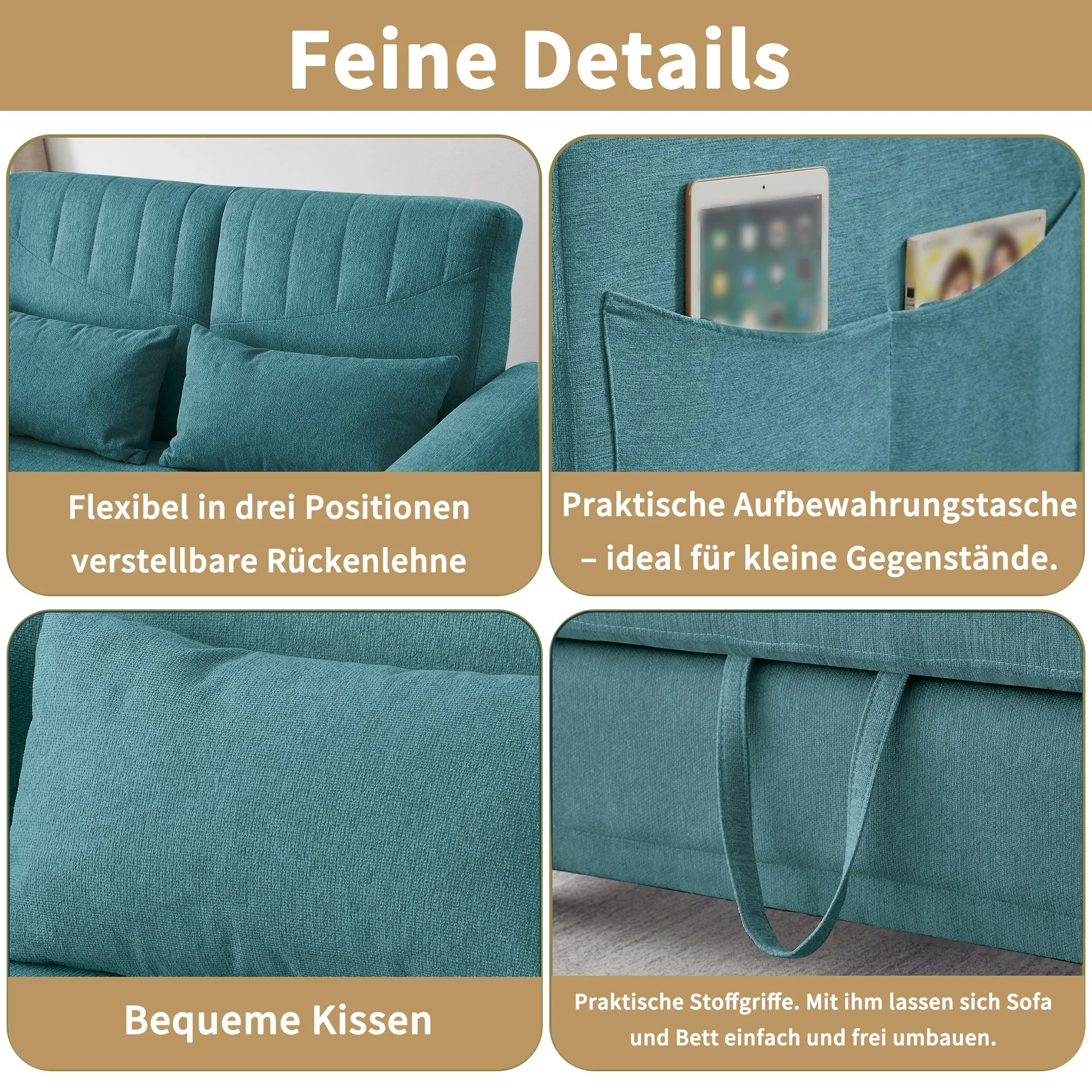 Sofa Bed, Two-Seater Folding Extendable, Three-Level Adjustable Backrest, Cotton Linen Fabric - Image 7