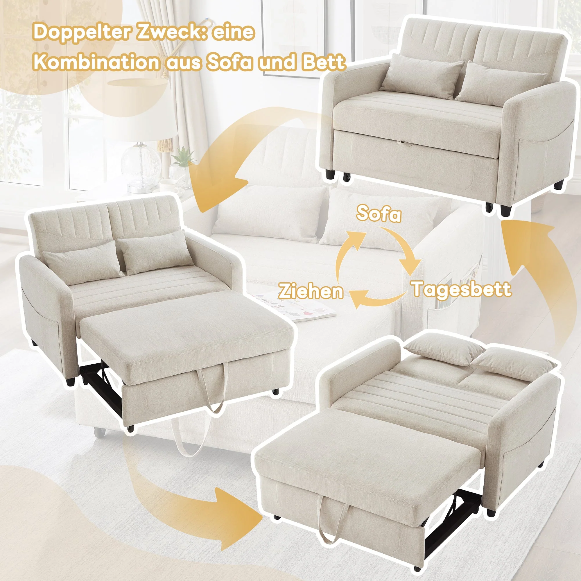 Sofa Bed, Two-seater Folding Extendable with Adjustable Backrest, Cotton Linen Fabric - Image 10