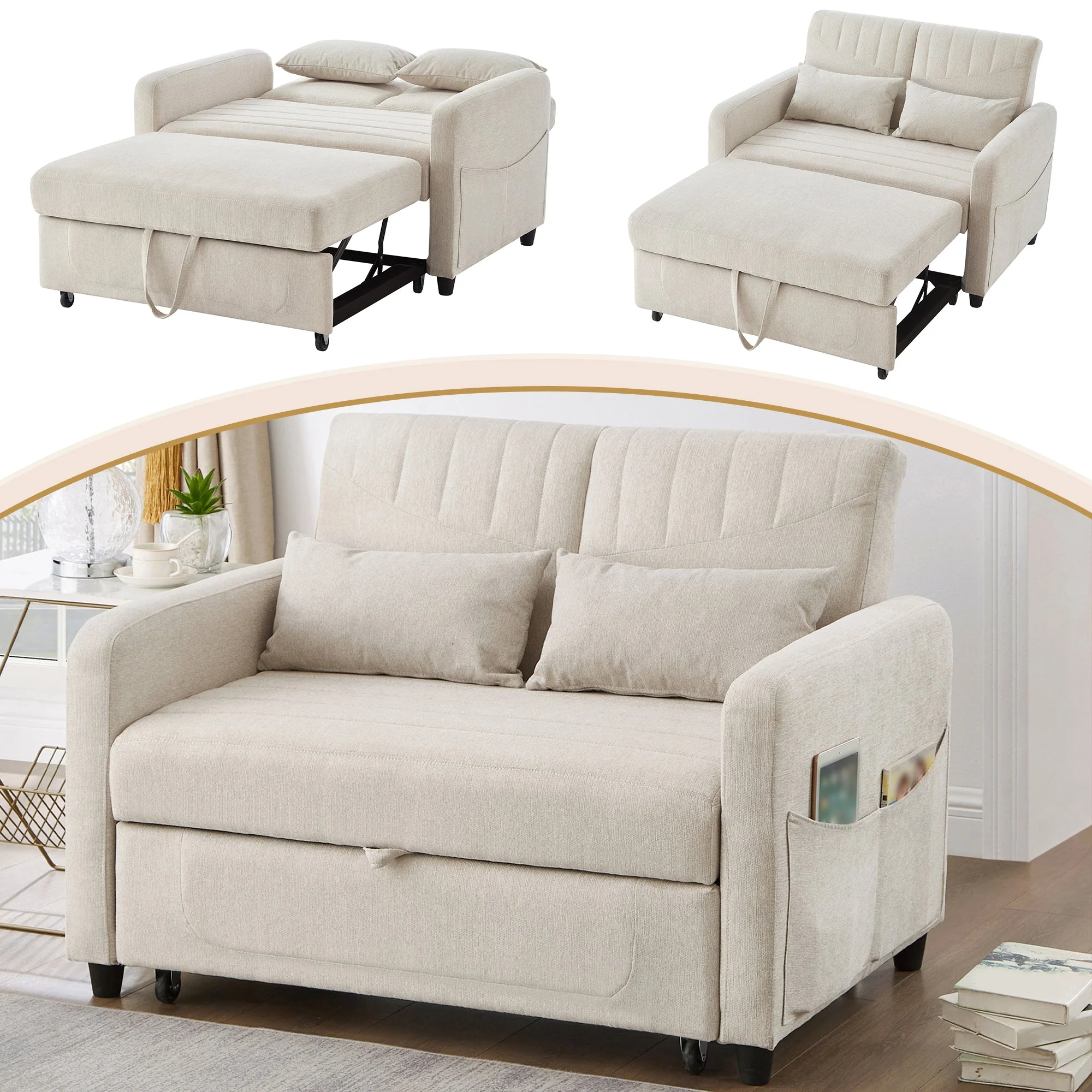 Sofa Bed, Two-seater Folding Extendable with Adjustable Backrest, Cotton Linen Fabric - Image 2