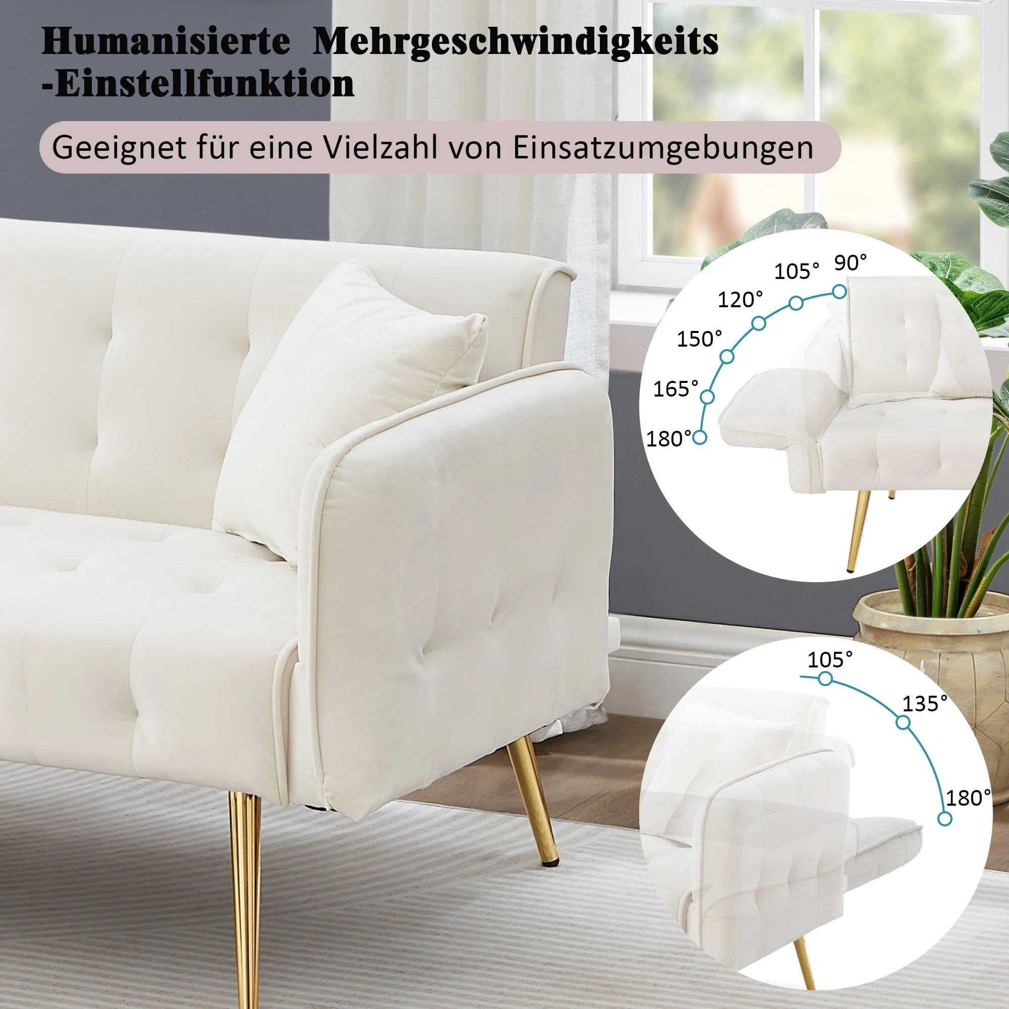 Sofa Bed, Two-Seater Multifunctional Folding with Adjustable Backrest & Armrests, Velour - Image 5