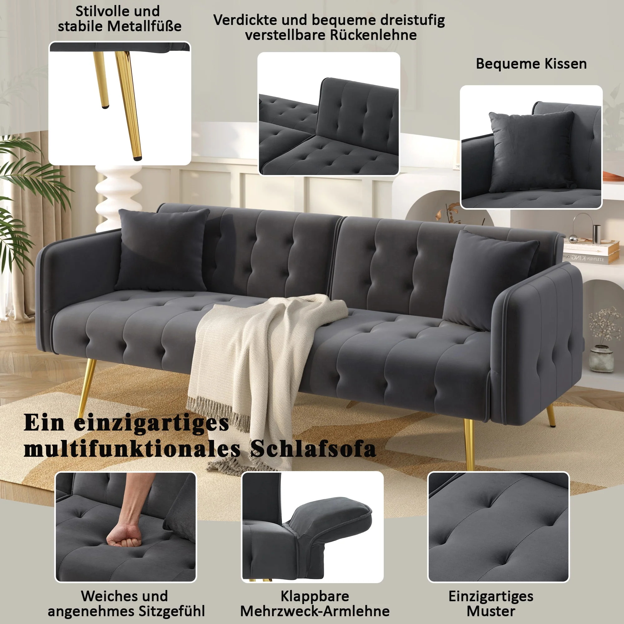 Sofa Bed, Two-Seater Multifunctional with Adjustable Backrest & Armrests, Velour - Image 4