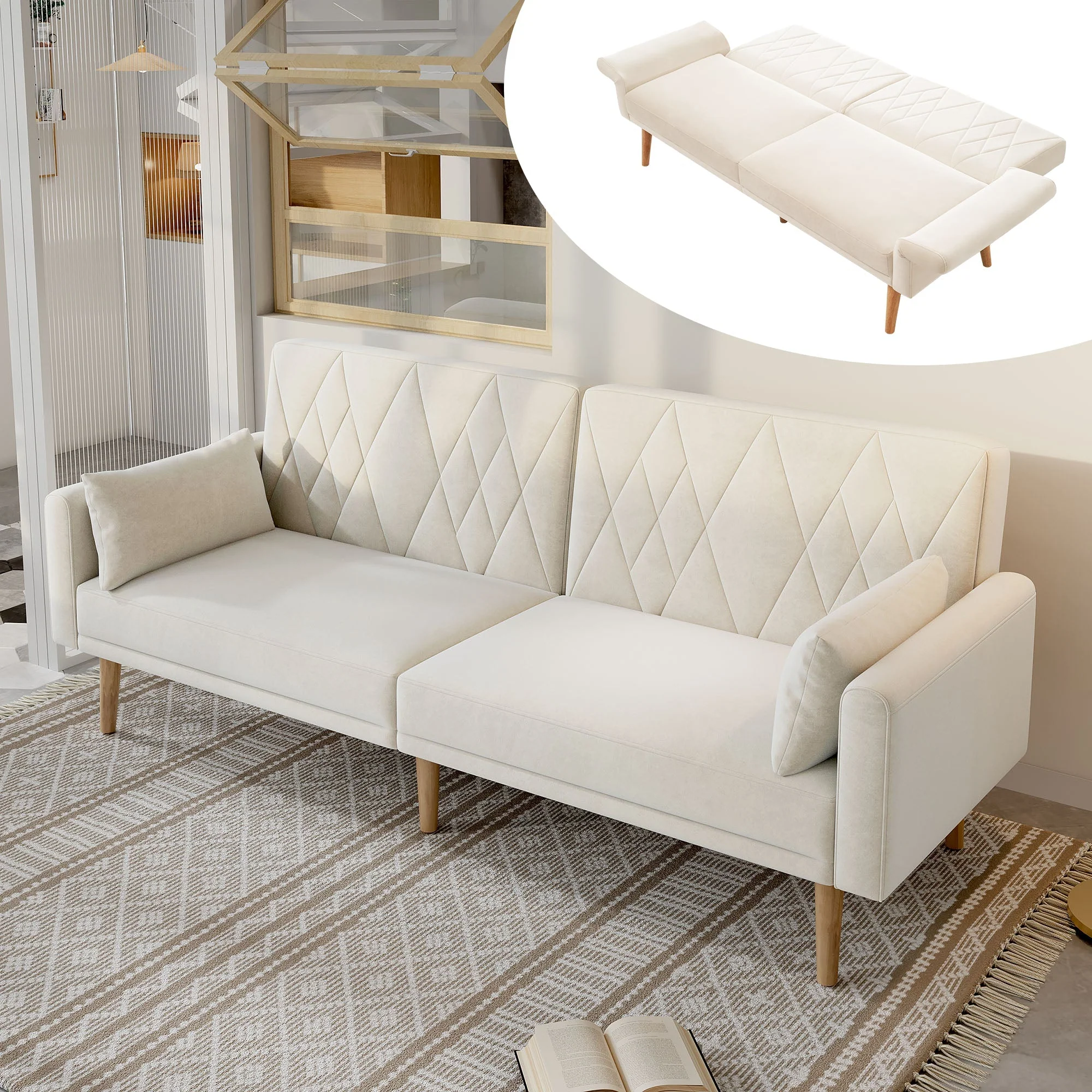Sofa Bed, Two-Seater, Sleep Function, Velvet Fabric
