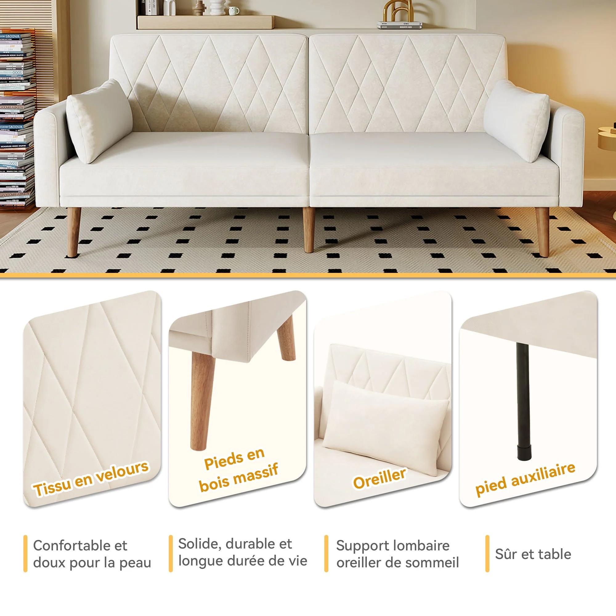 Sofa Bed, Two-Seater, Sleep Function, Velvet Fabric - Image 8