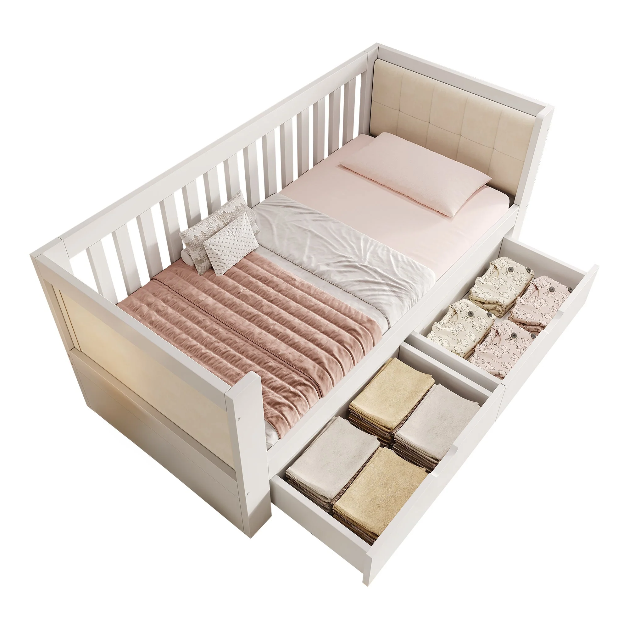 Sofa Bed with 2 Drawers and Rounded Armrests, 90x190cm, White Wood - Image 5