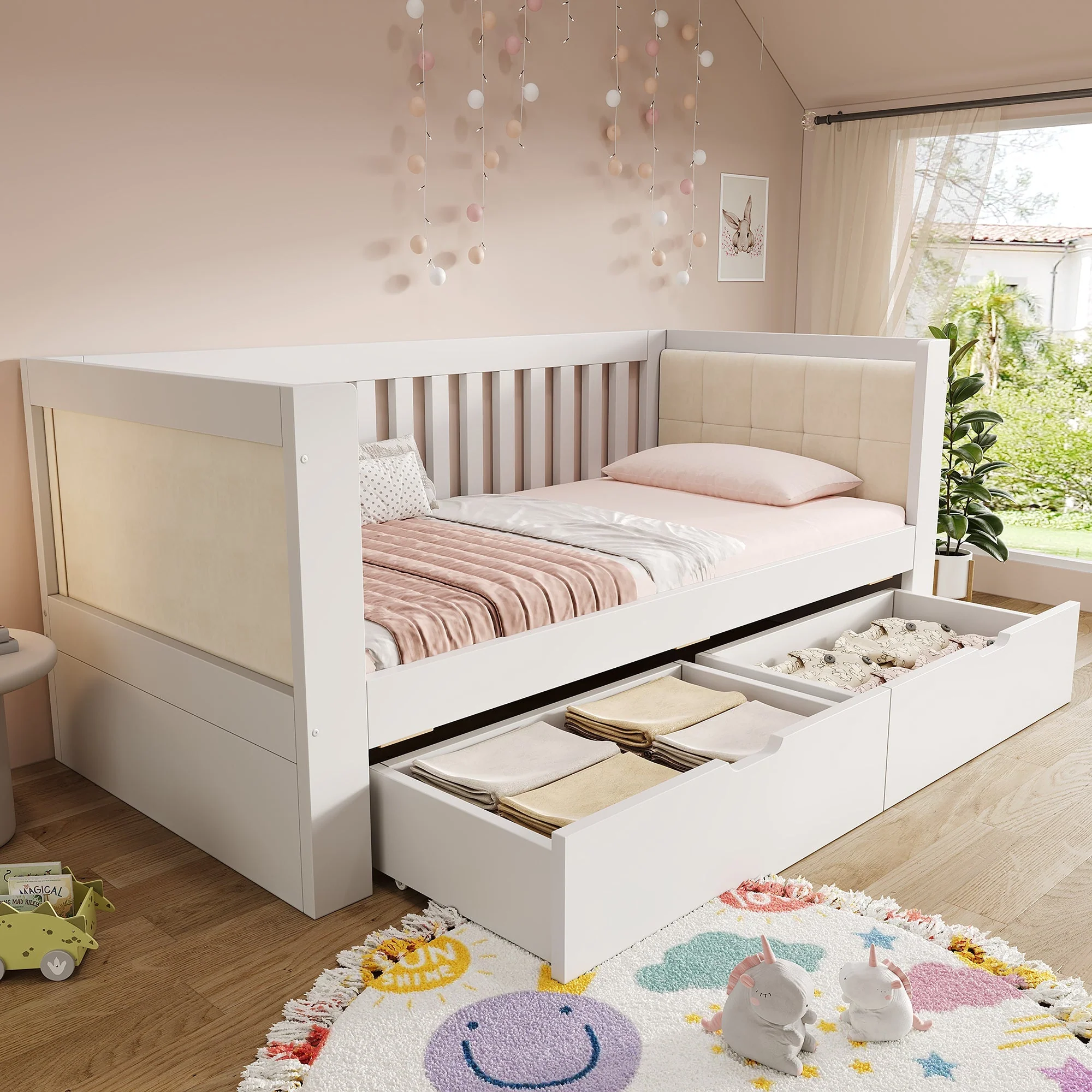 Sofa Bed with 2 Drawers and Rounded Armrests, 90x200cm, White Wood - Image 7