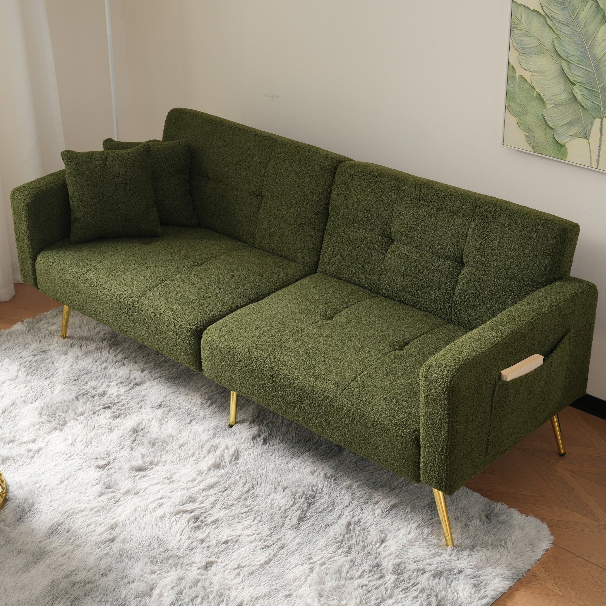 Sofa Bed with 3 Adjustable Backrest Angles and Storage Pockets, Gold Legs - Image 4