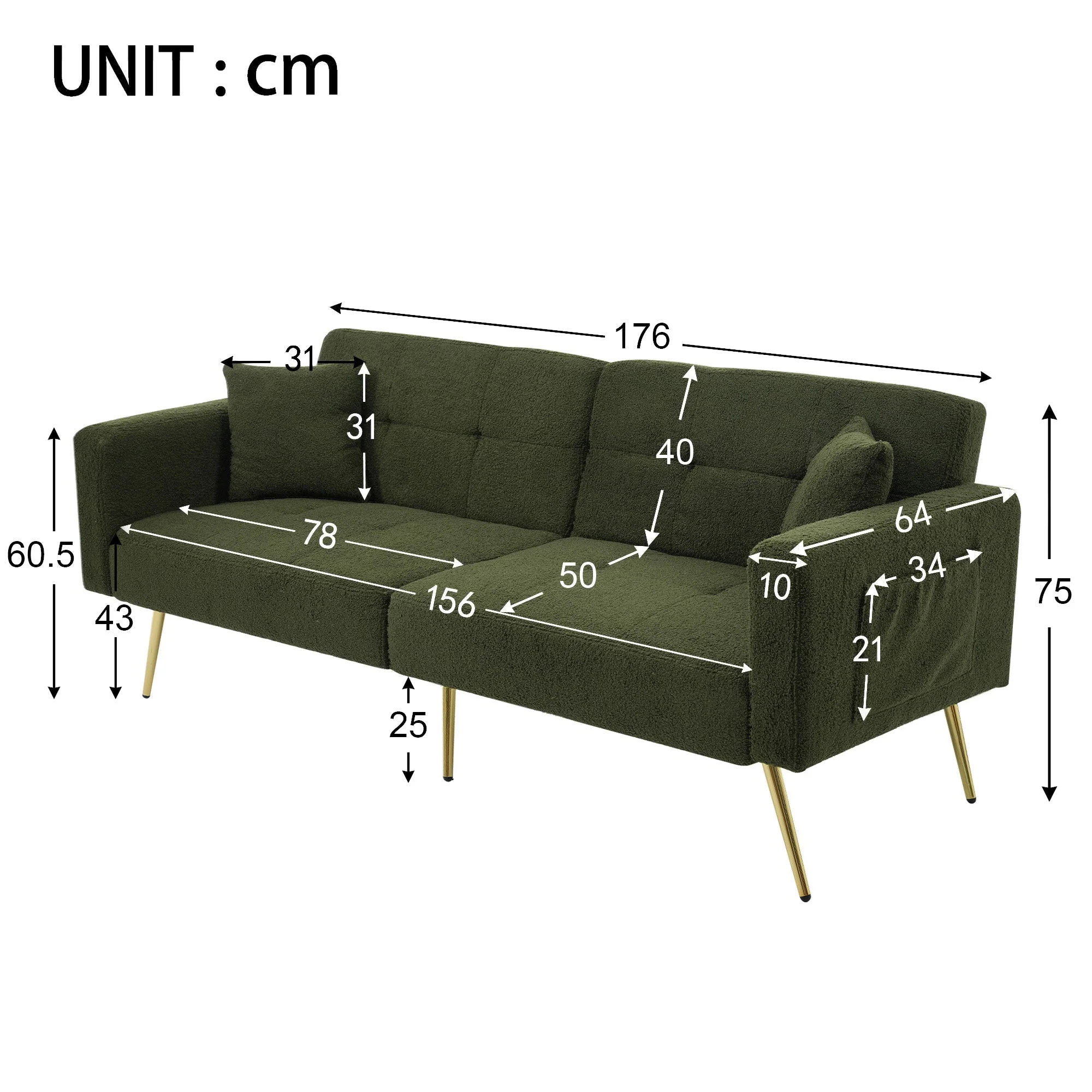 Sofa Bed with 3 Adjustable Backrest Angles and Storage Pockets, Gold Legs - Image 5