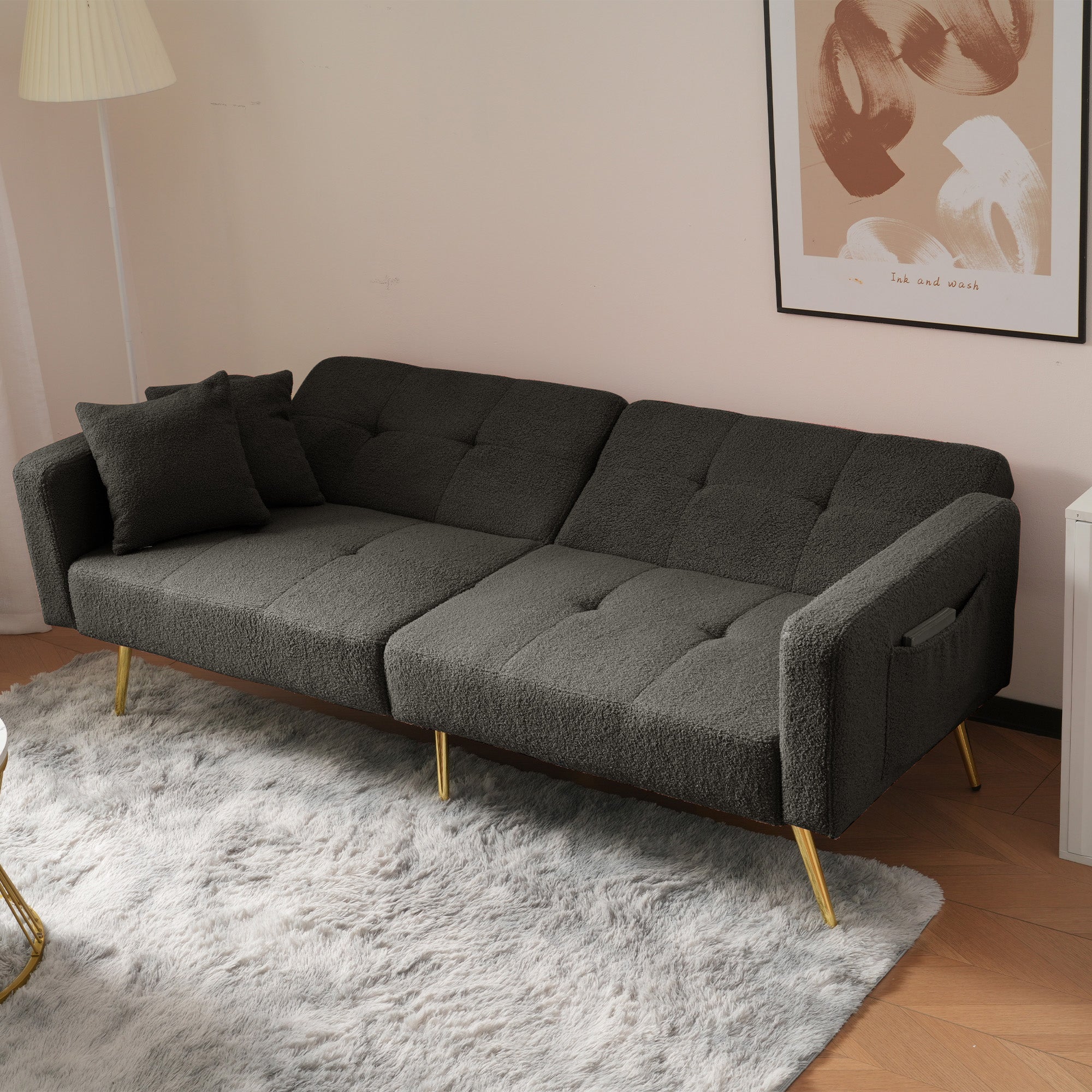 Sofa Bed with 3 Adjustable Backrests, Bed Function, Side Pockets, Sherpa Fabric - Image 6