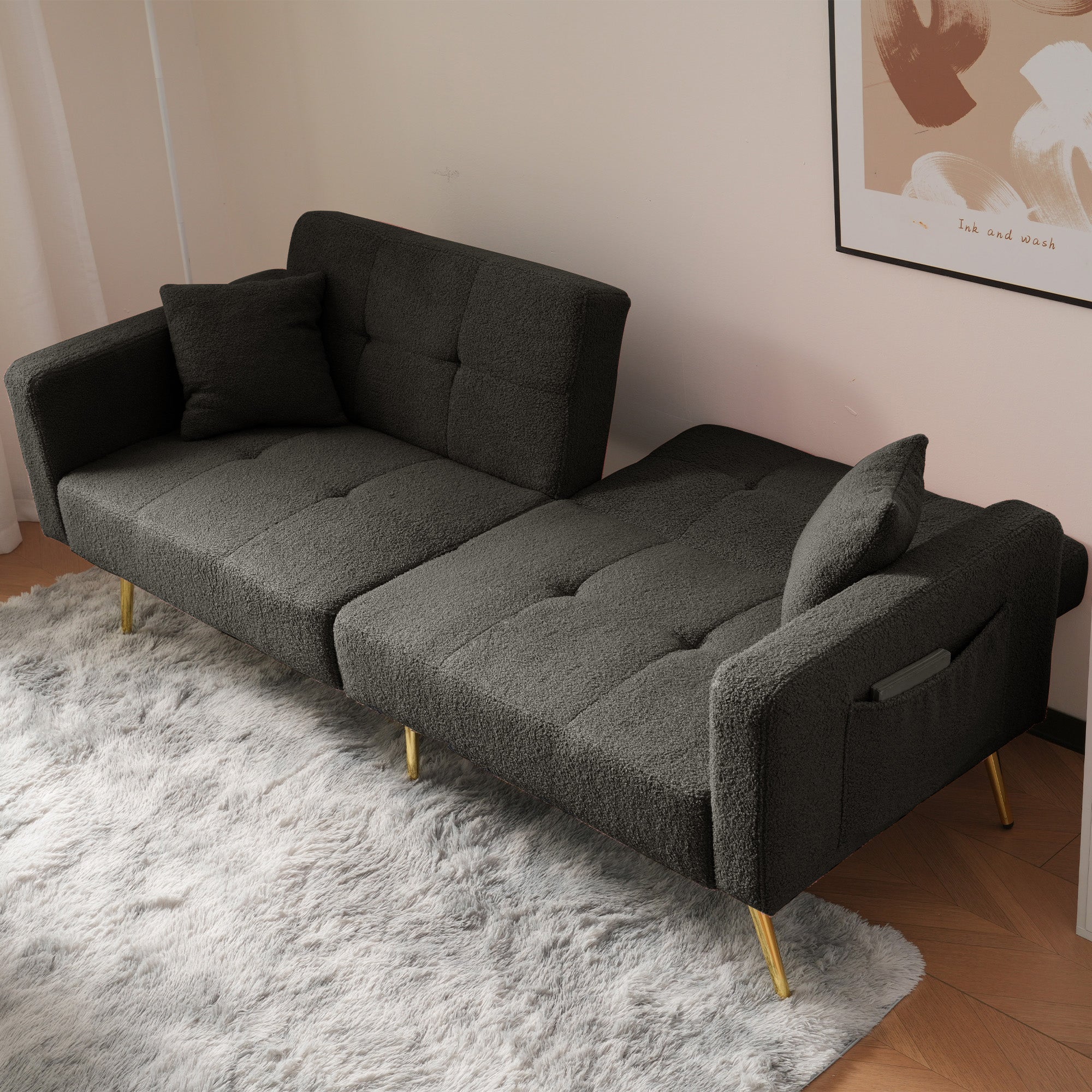 Sofa Bed with 3 Adjustable Backrests, Bed Function, Side Pockets, Sherpa Fabric - Image 7