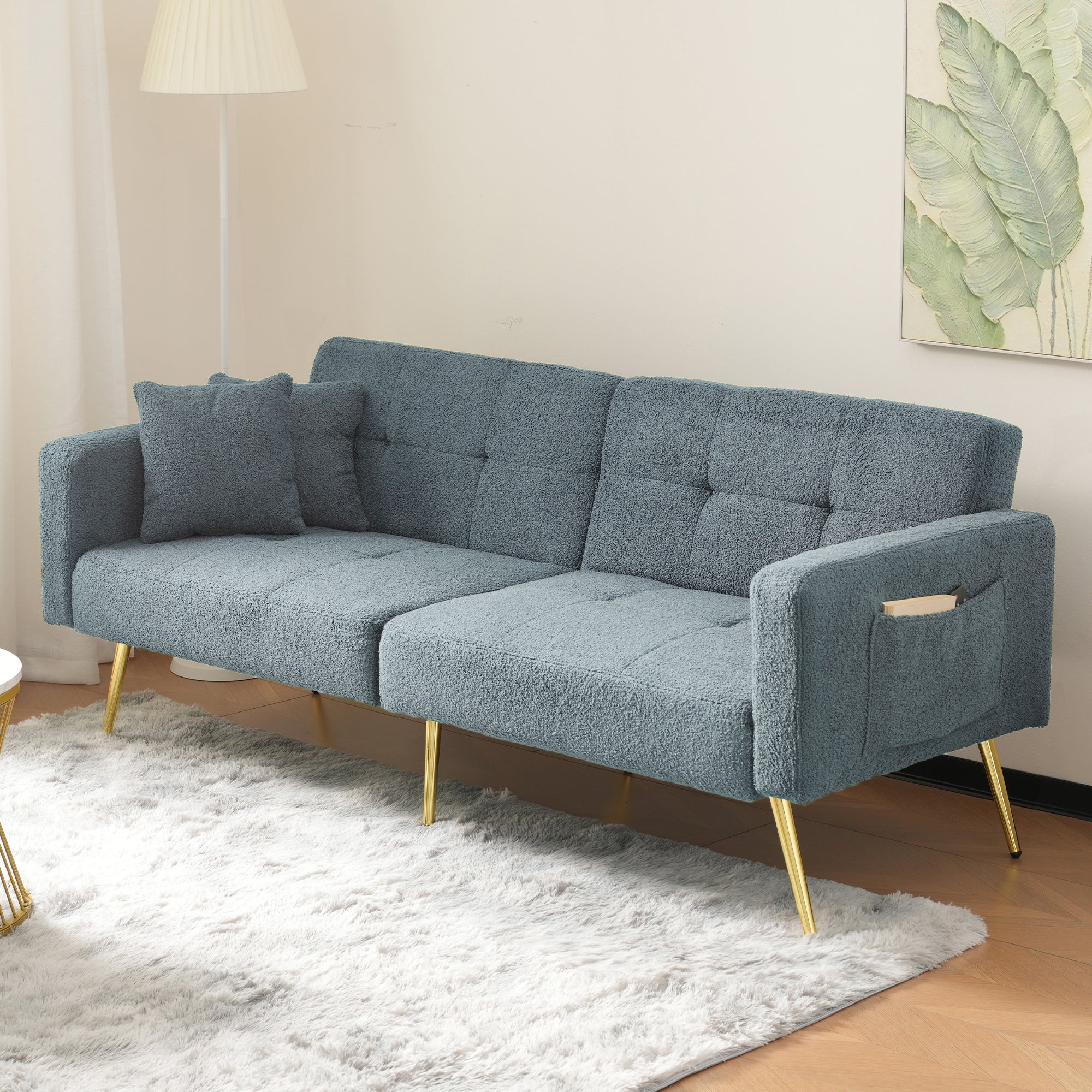 Sofa Bed with Adjustable Backrest, Cushions, Storage Pockets, Gold Legs - Image 3