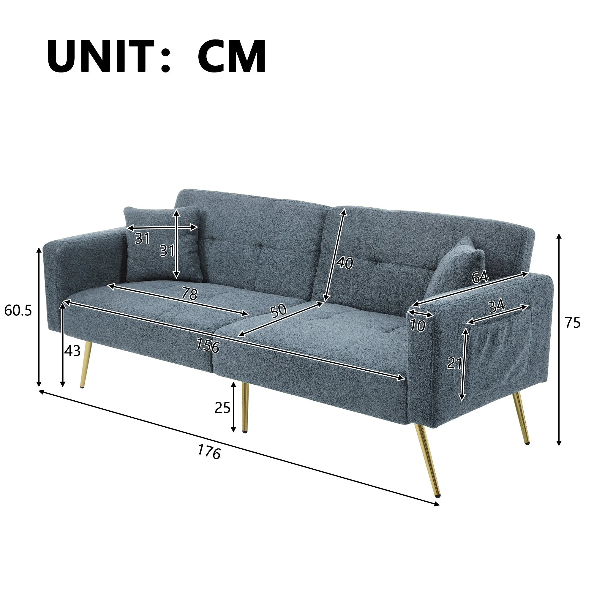 Sofa Bed with Adjustable Backrest, Cushions, Storage Pockets, Gold Legs - Image 4