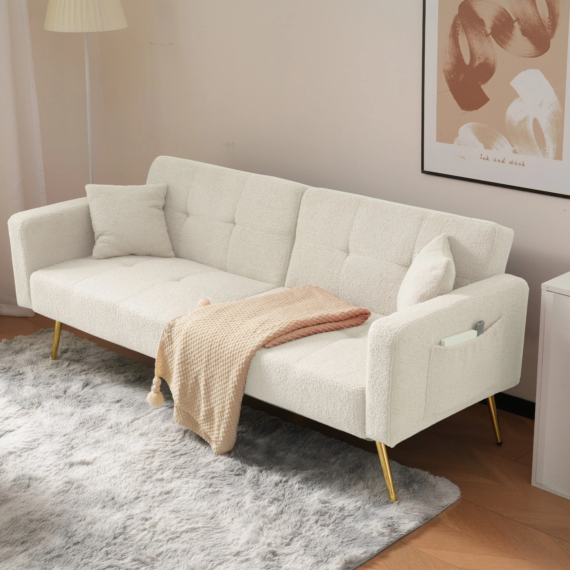 Sofa Bed with Bed Function, 3 Adjustable Backrest Angles, Gold Legs, Cushions, and Side Pockets - Sherpa Fabric