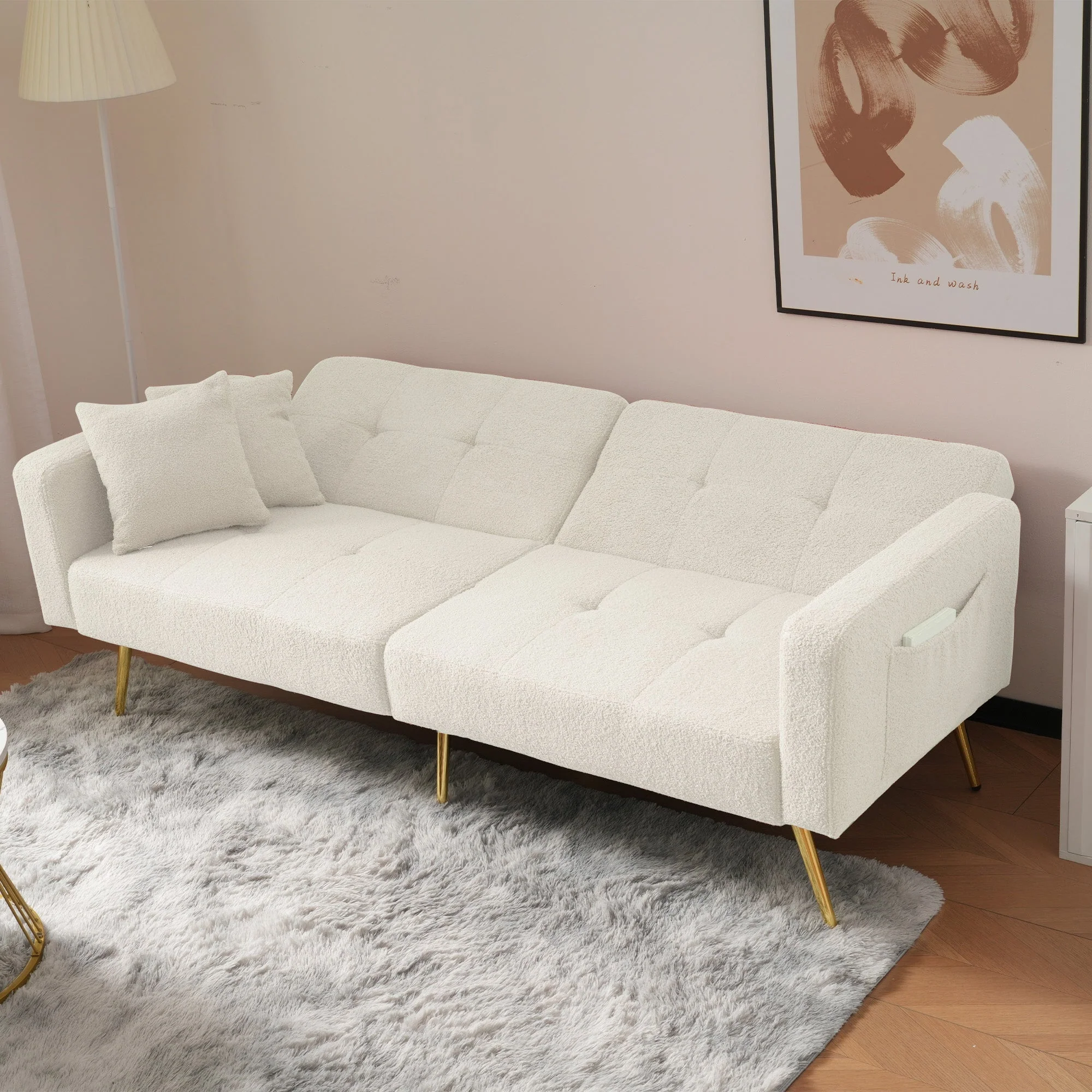 Sofa Bed with Bed Function, 3 Adjustable Backrest Angles, Gold Legs, Cushions, and Side Pockets - Sherpa Fabric - Image 2