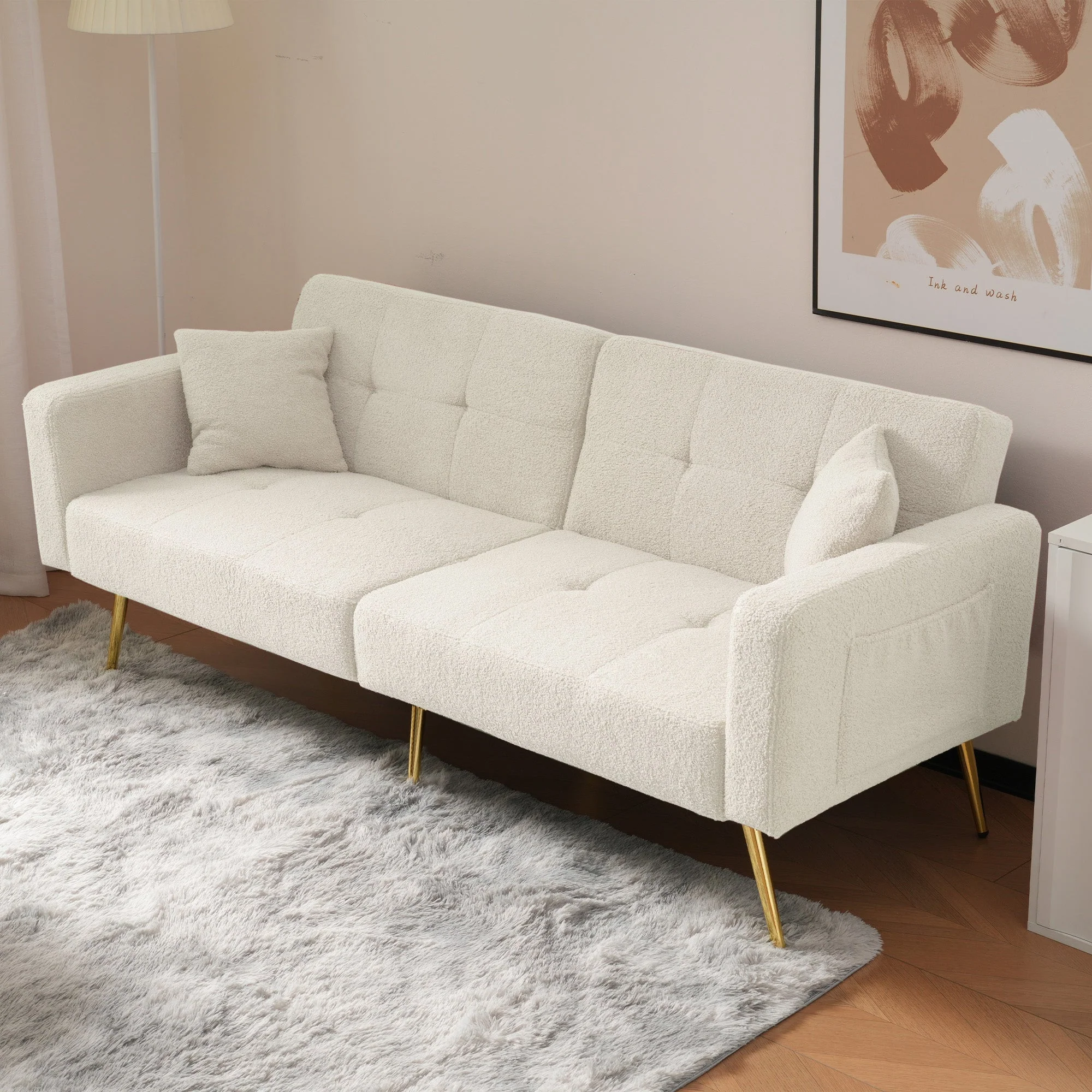 Sofa Bed with Bed Function, 3 Adjustable Backrest Angles, Gold Legs, Cushions, and Side Pockets - Sherpa Fabric - Image 3