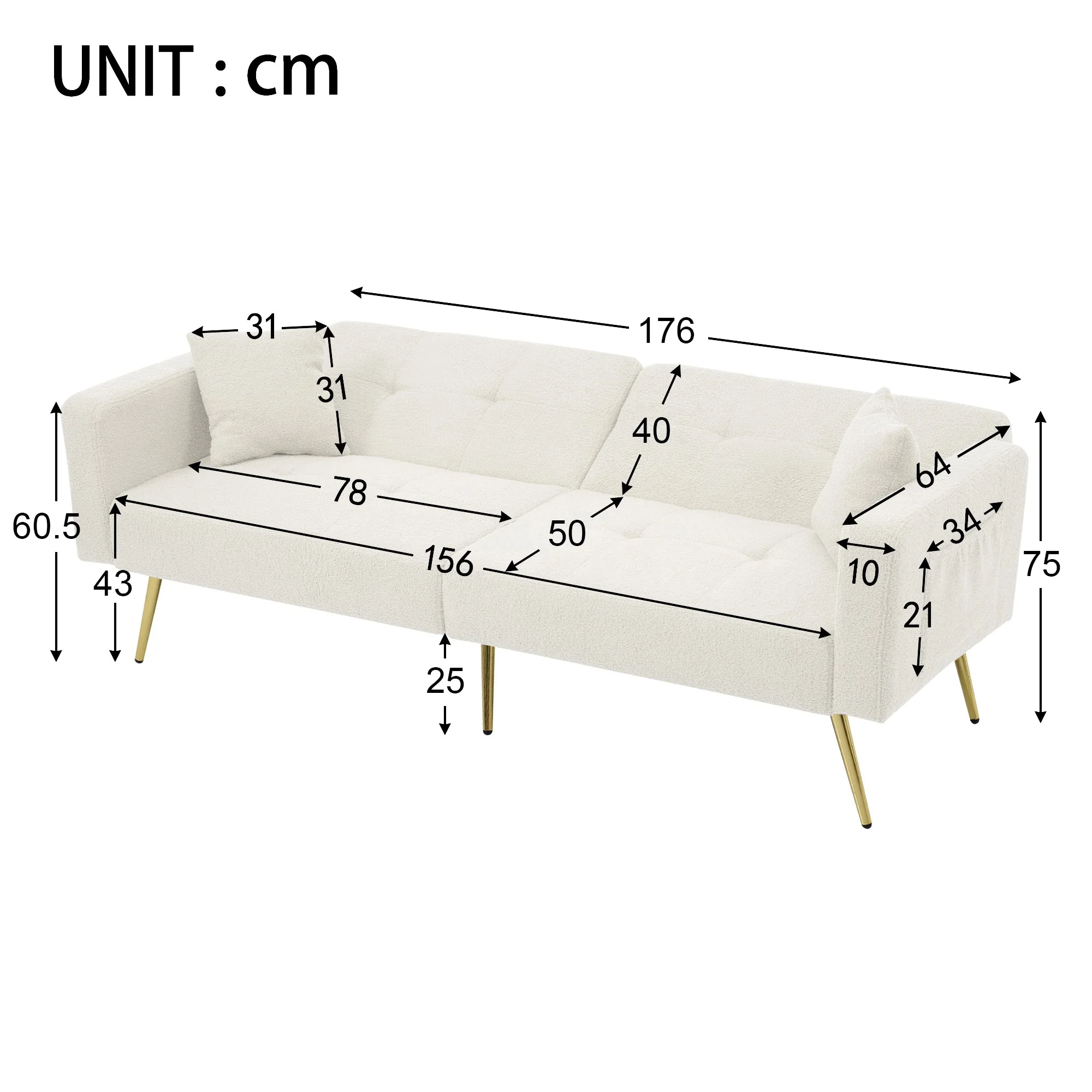 Sofa Bed with Bed Function, 3 Adjustable Backrest Angles, Gold Legs, Cushions, and Side Pockets - Sherpa Fabric - Image 4