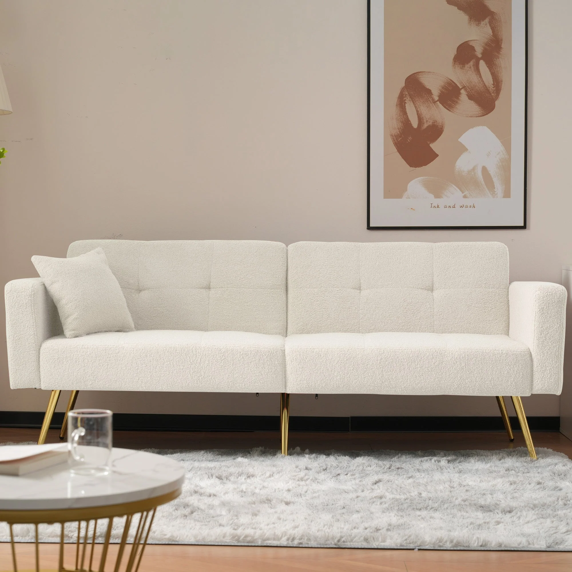 Sofa Bed with Bed Function, 3 Adjustable Backrest Angles, Gold Legs, Cushions, and Side Pockets - Sherpa Fabric - Image 5