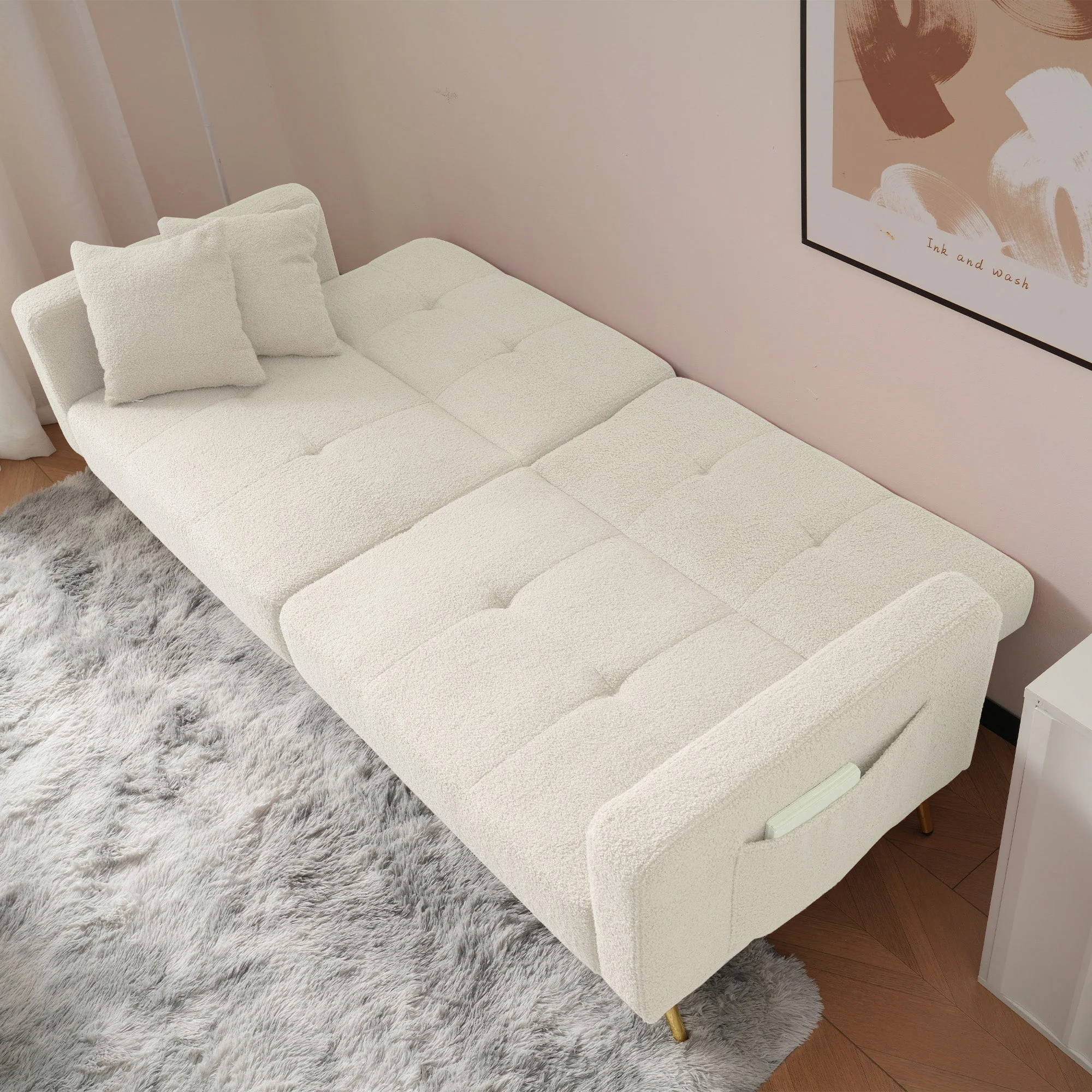 Sofa Bed with Bed Function, 3 Adjustable Backrest Angles, Gold Legs, Cushions, and Side Pockets - Sherpa Fabric - Image 6