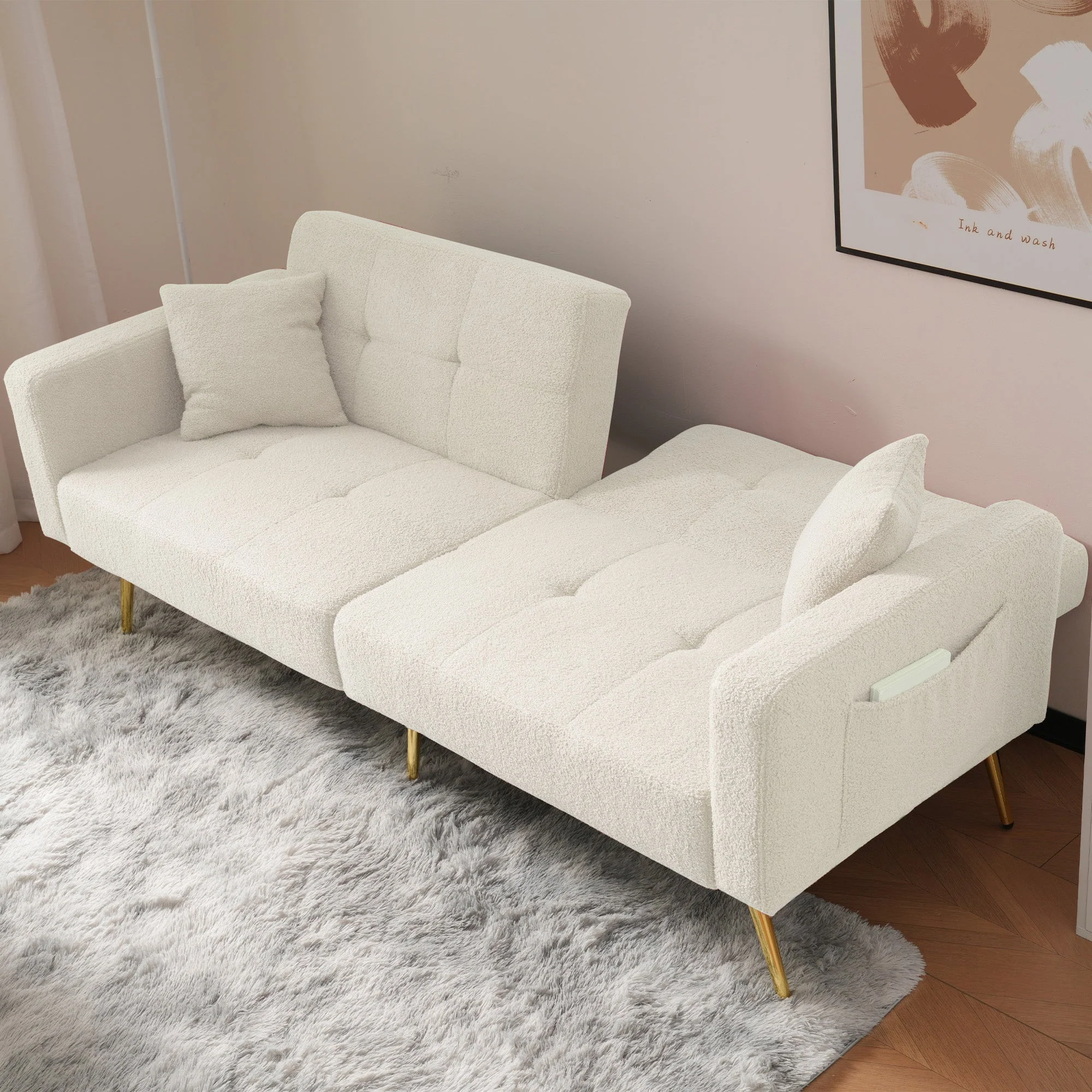Sofa Bed with Bed Function, 3 Adjustable Backrest Angles, Gold Legs, Cushions, and Side Pockets - Sherpa Fabric - Image 7