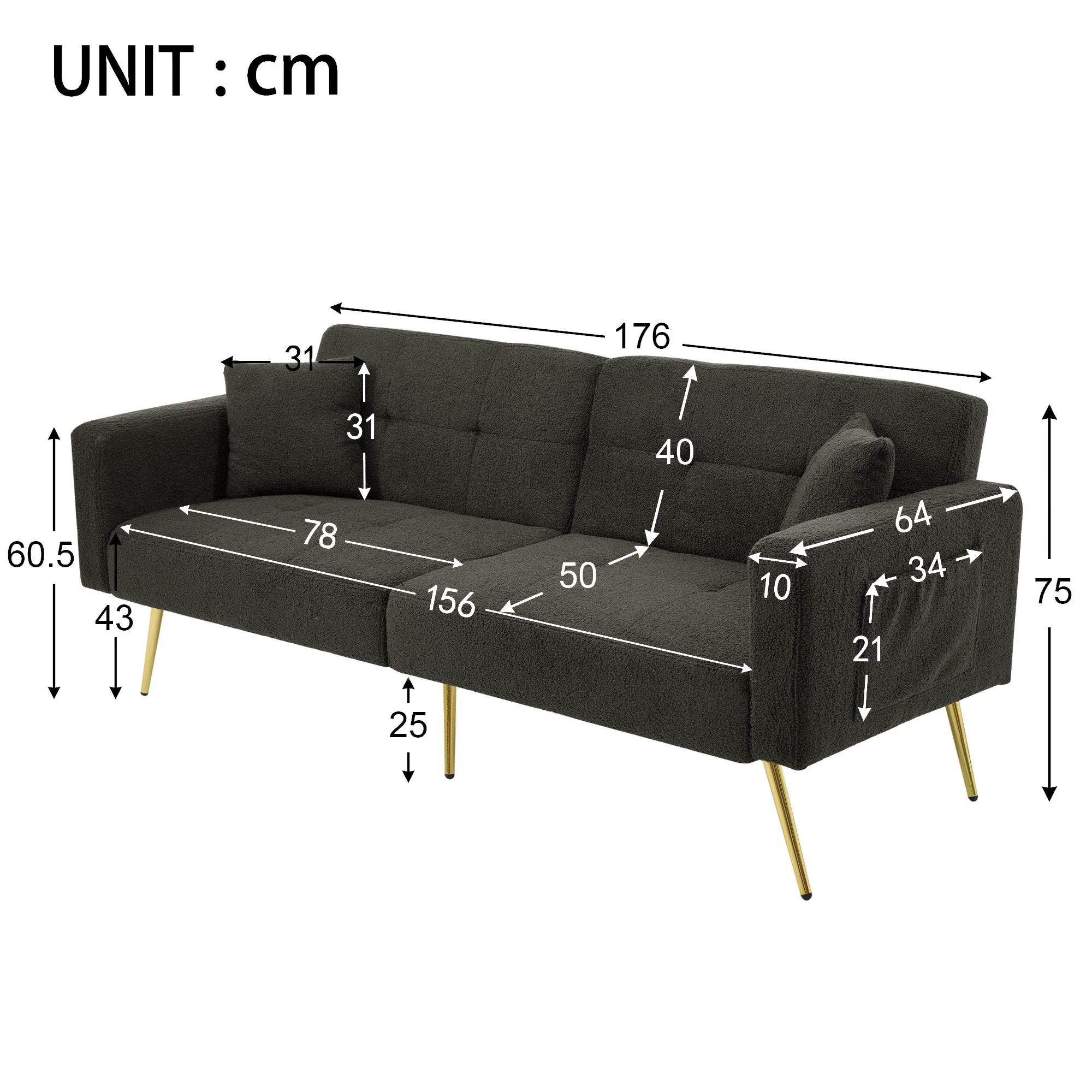 Sofa Bed with Bed Function, 3 Adjustable Backrest Angles, Gold Legs, Cushions, and Side Storage Pockets - Image 4