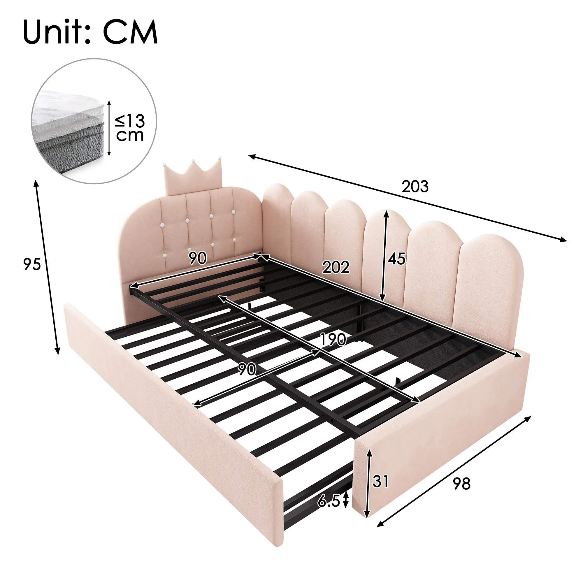 Sofa Bed with Pull-out Bed, 90x200cm Single Guest Bed with Crown Lattice Design, Pink Velvet - Image 2