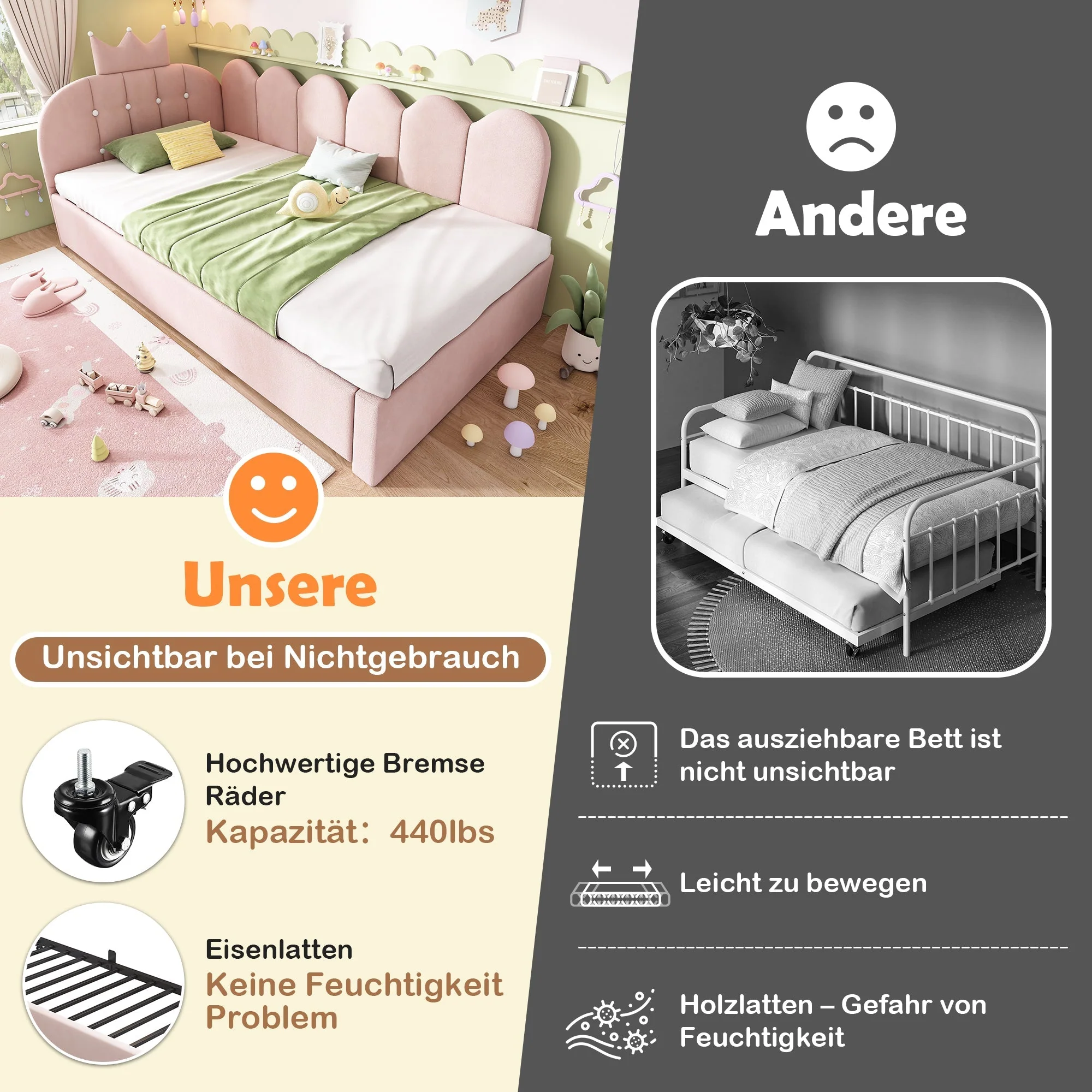 Sofa Bed with Pull-out Bed, 90x200cm Single Guest Bed with Crown Lattice Design, Pink Velvet - Image 9